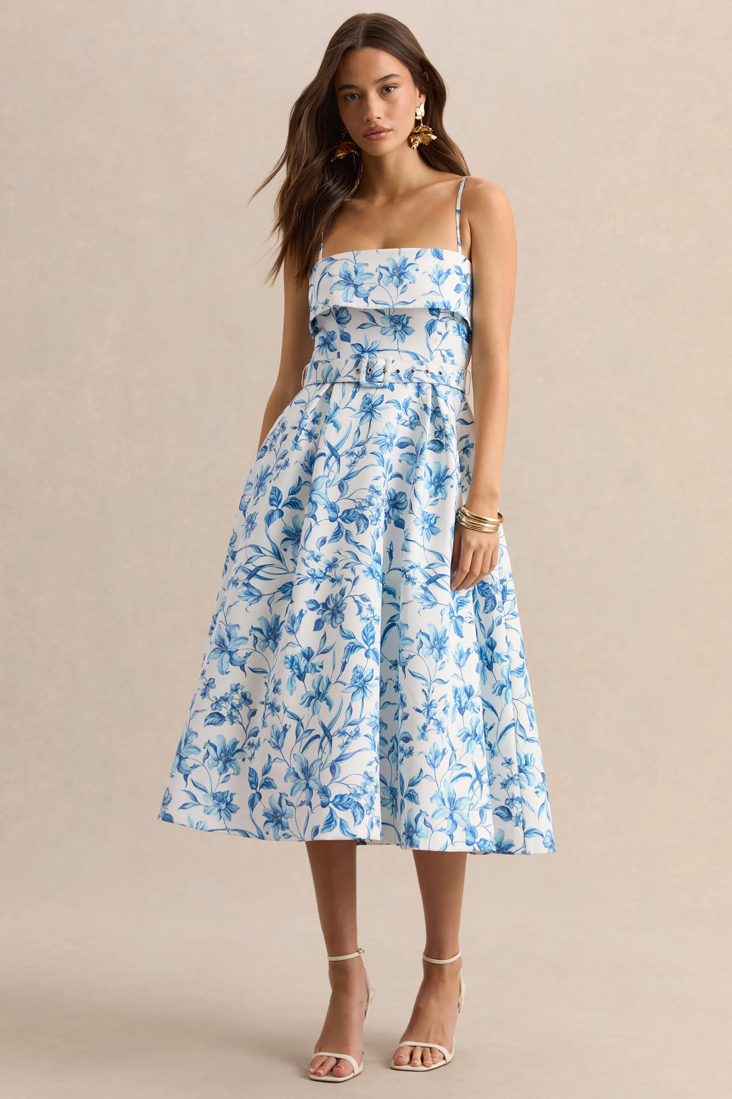 Devina | Blue Porcelain Print Square-Neck Belted Midi-Dress - Image 5