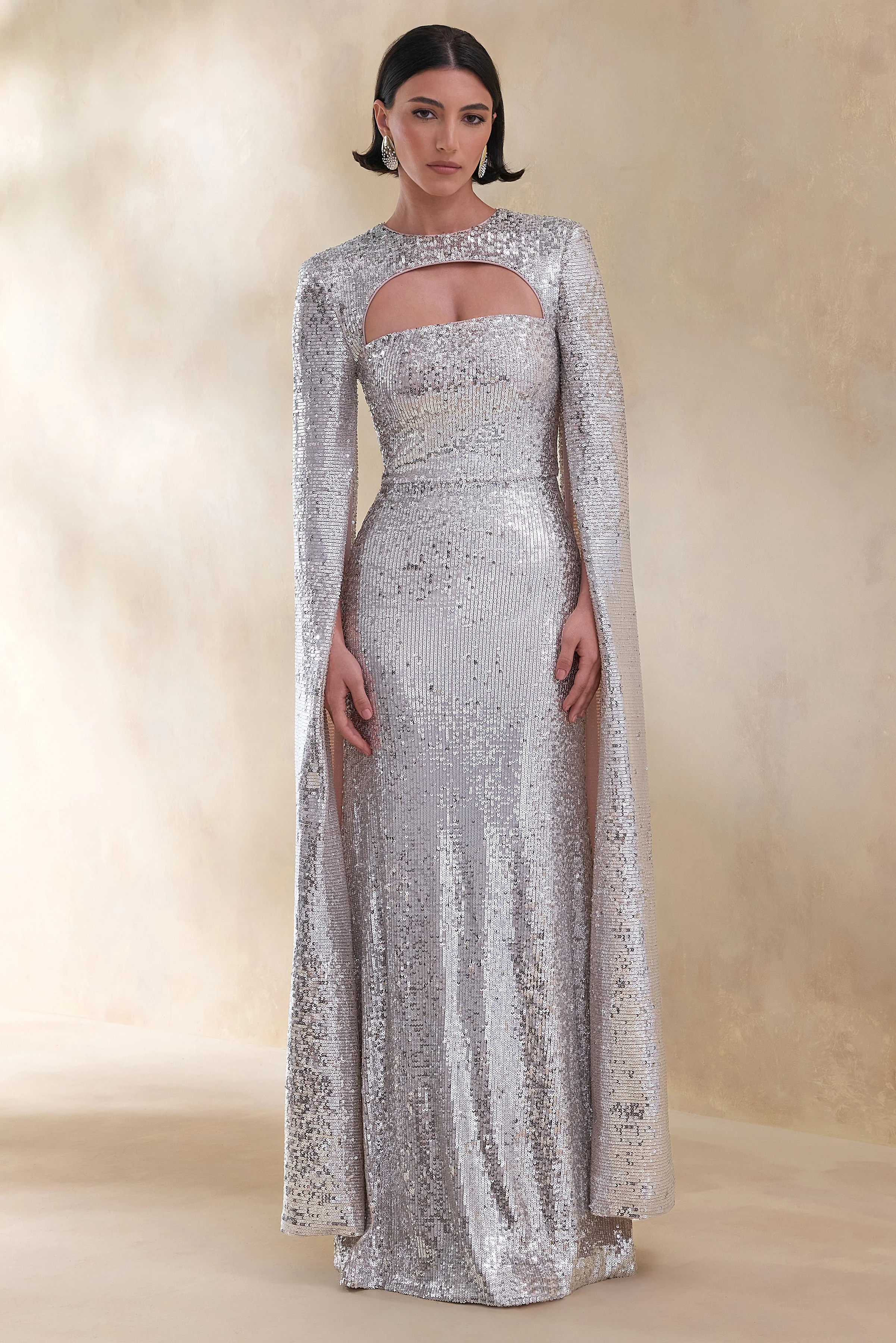 Devora | Silver Sequin Crew-Neck Maxi Dress With Cape Sleeves - Image 6