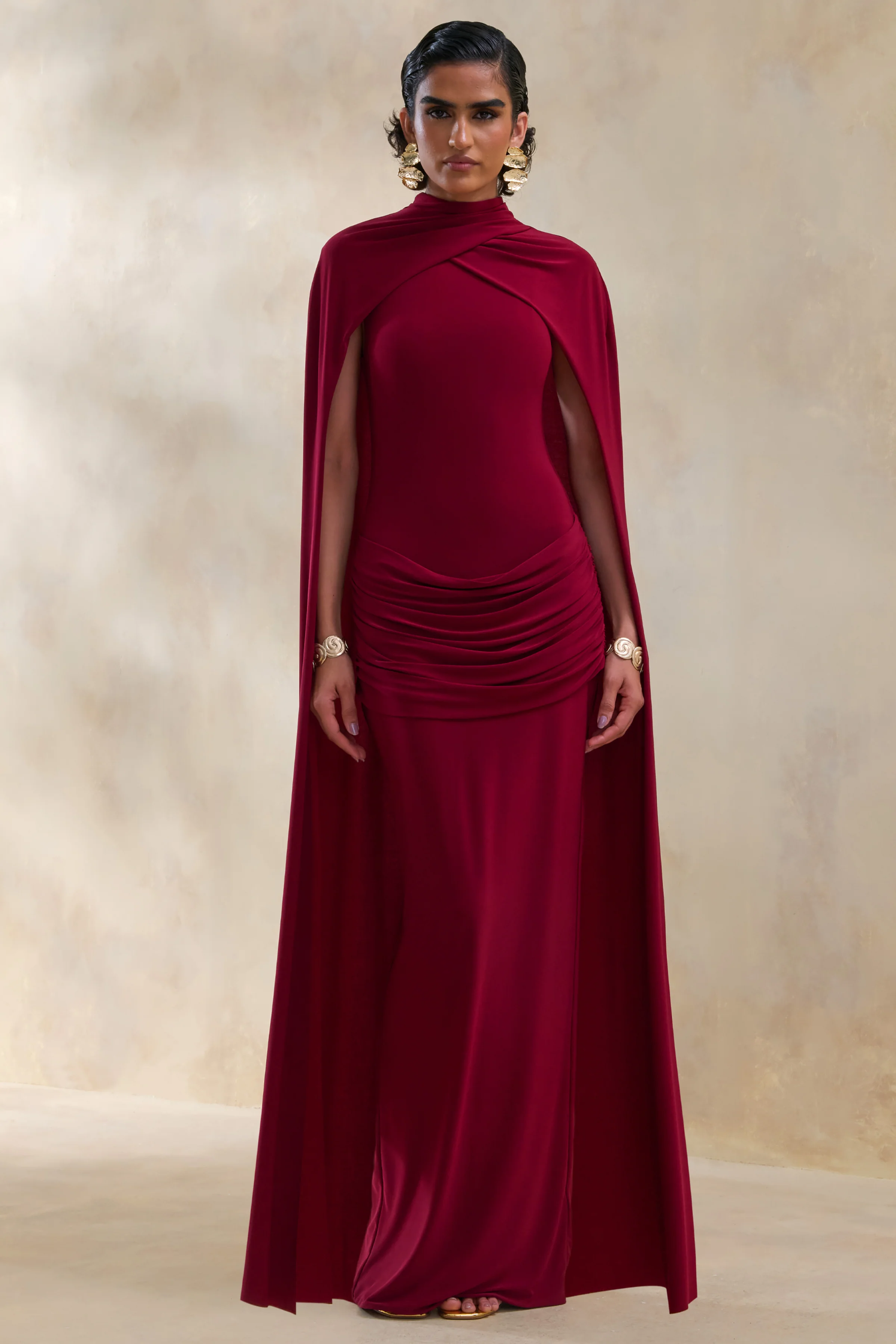 Dianelle | Berry High-Neck Maxi Dress With Cape-Sleeves - Image 3