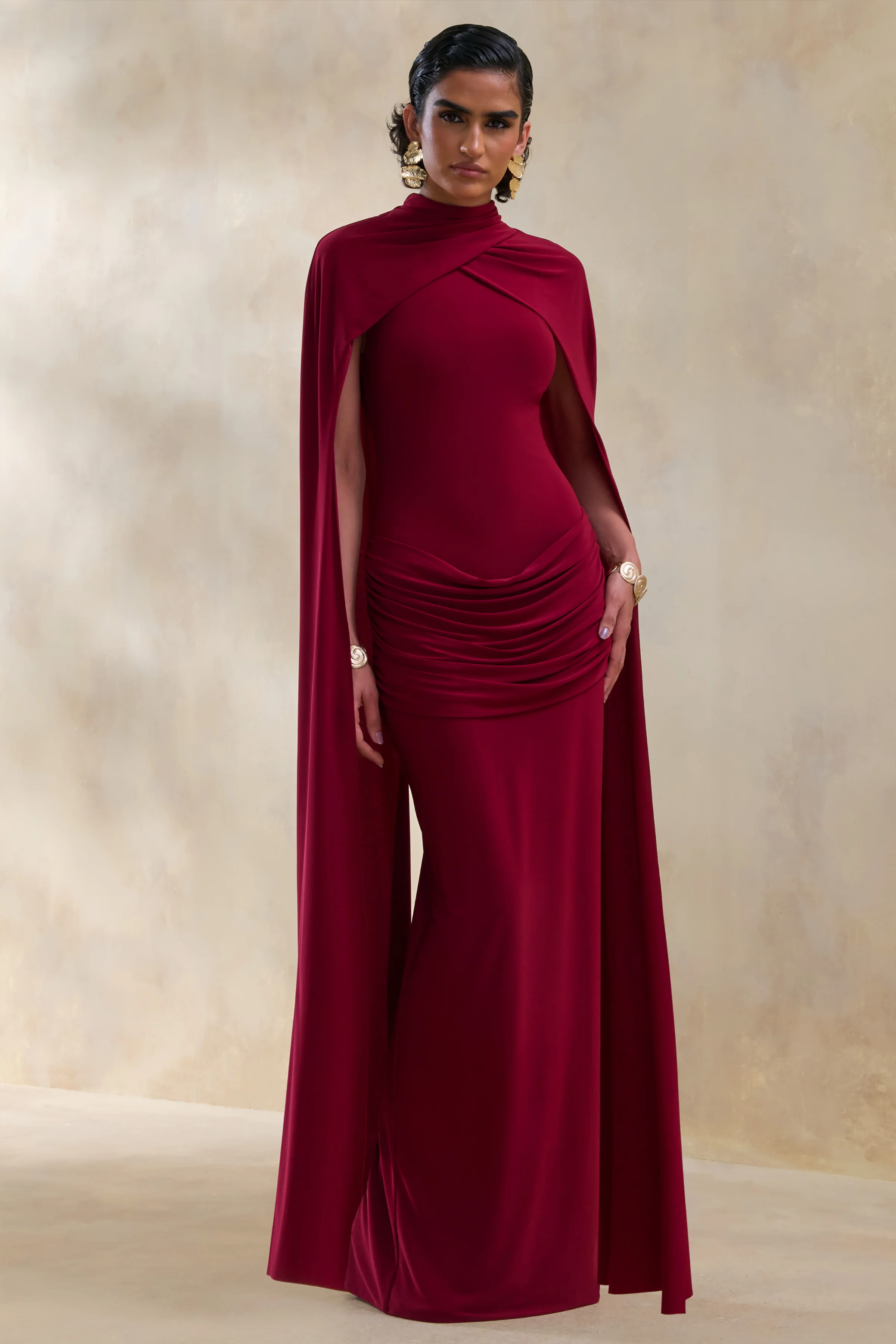 Dianelle | Berry High-Neck Maxi Dress With Cape-Sleeves - Image 4