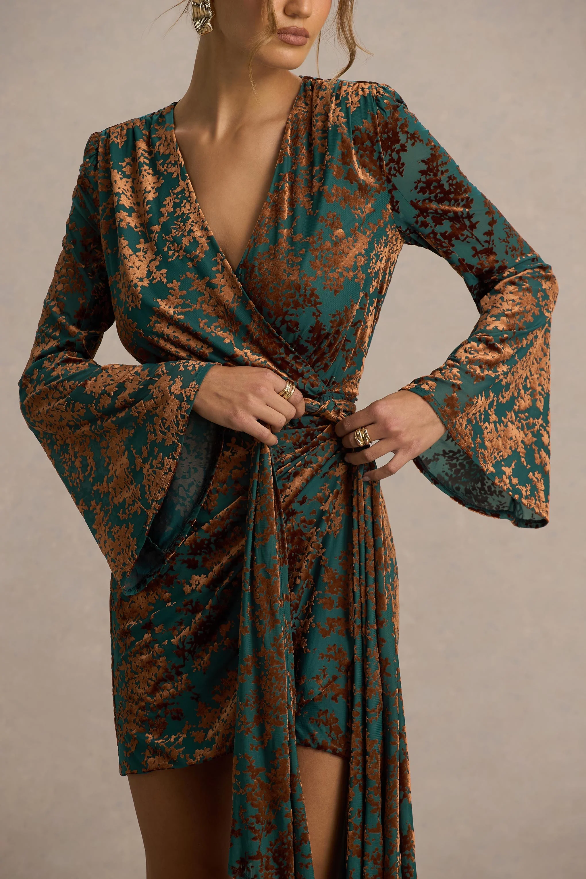 Dimitra | Dark Green And Brown Velvet Devore Plunge-Neck Wrap Mini Dress - Image 3