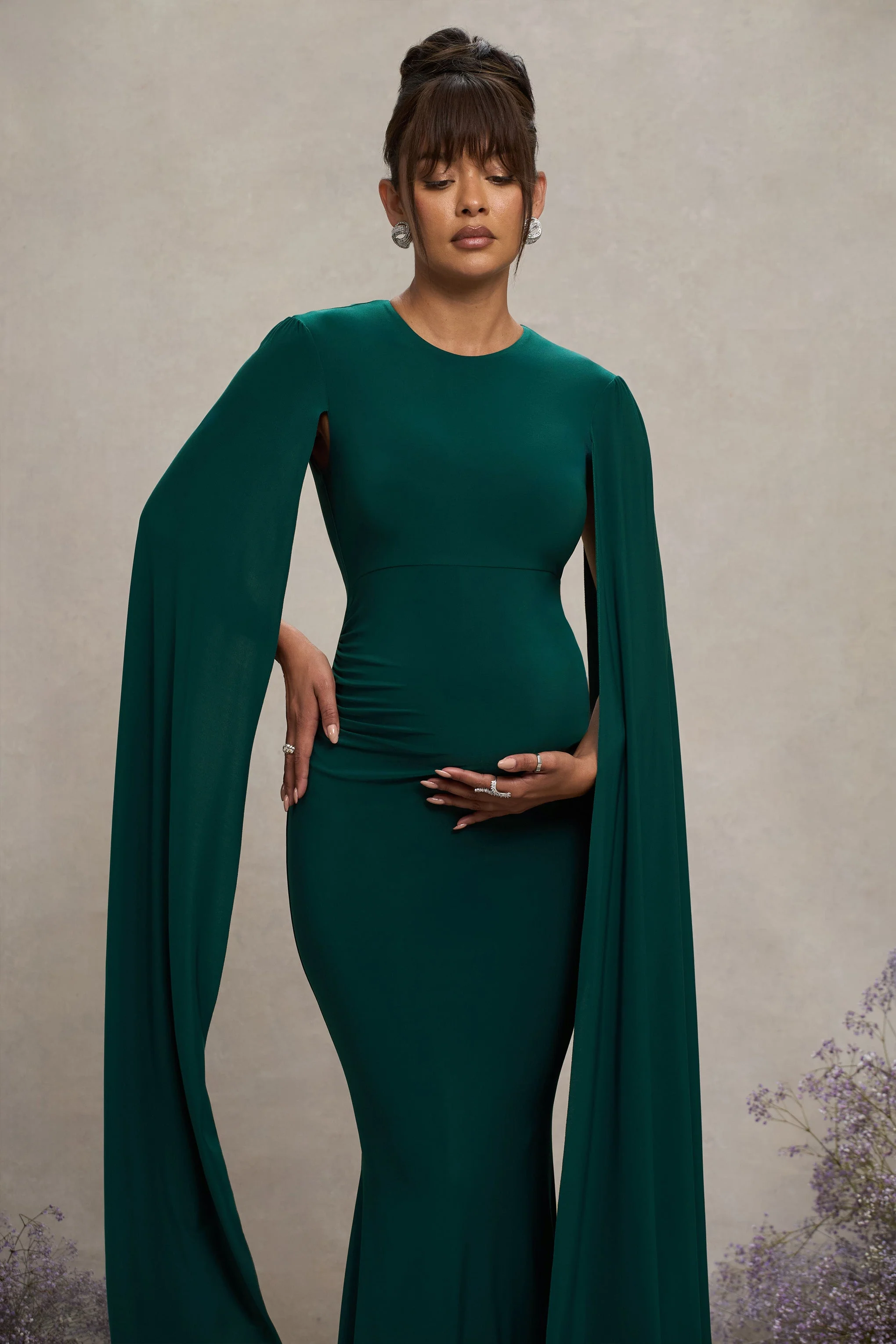 Divine Timing | Bottle Green Maternity Maxi Dress With Cape Sleeves - Image 3