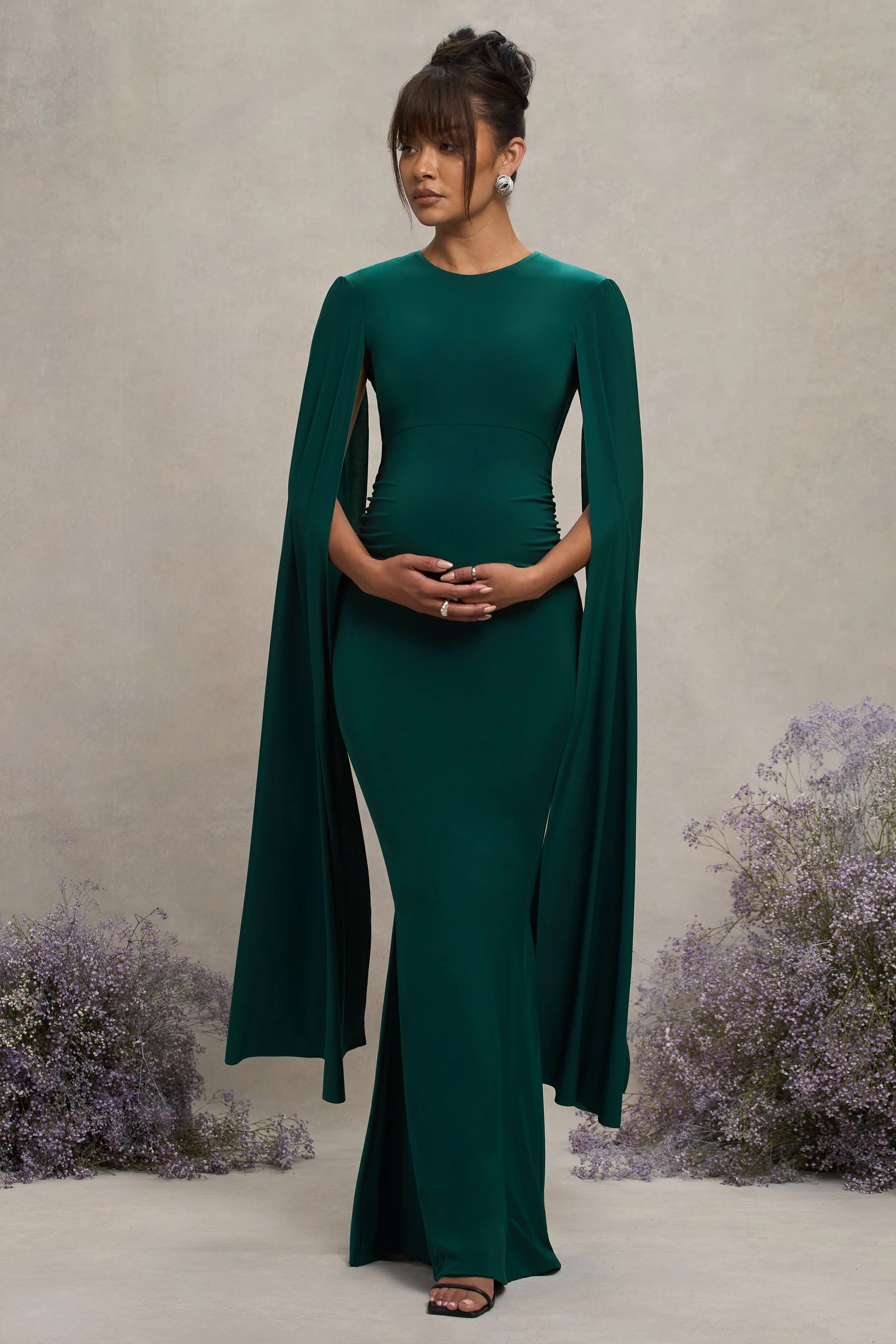 Divine Timing | Bottle Green Maternity Maxi Dress With Cape Sleeves - Image 4