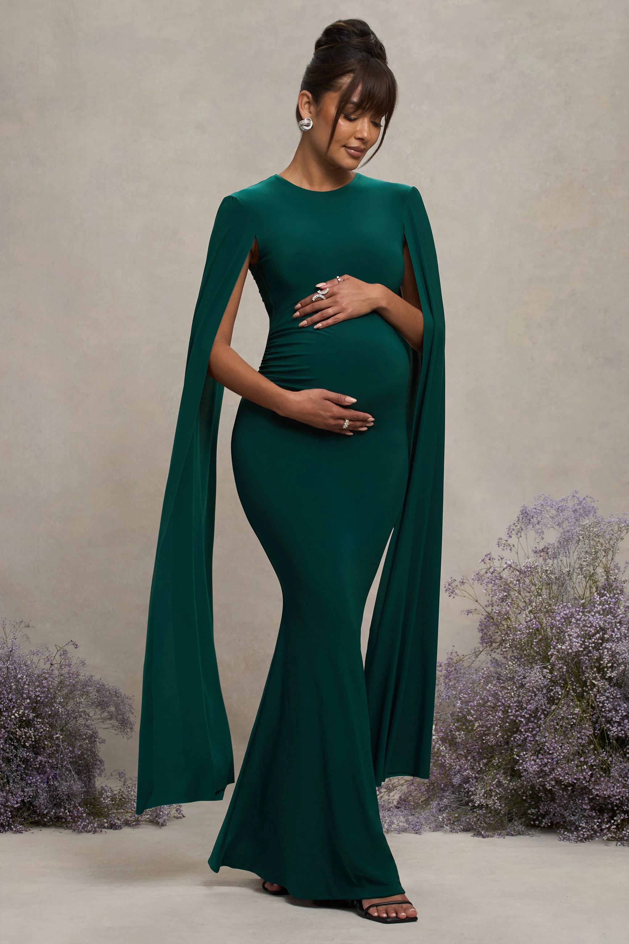Divine Timing | Bottle Green Maternity Maxi Dress With Cape Sleeves - Image 5