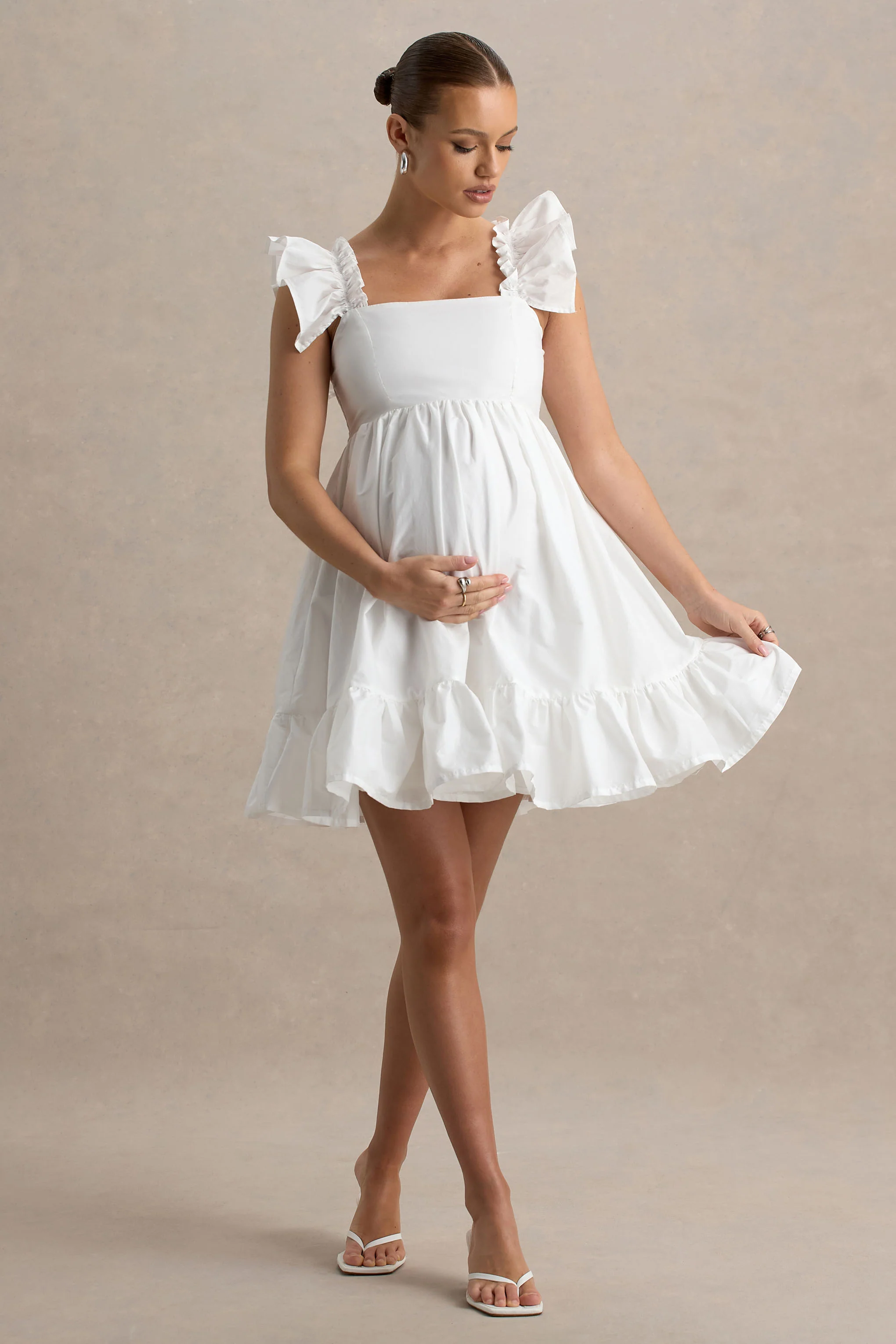 Dolly Daze | White Ruffle Sleeve Babydoll Maternity Mini Dress - Image 5