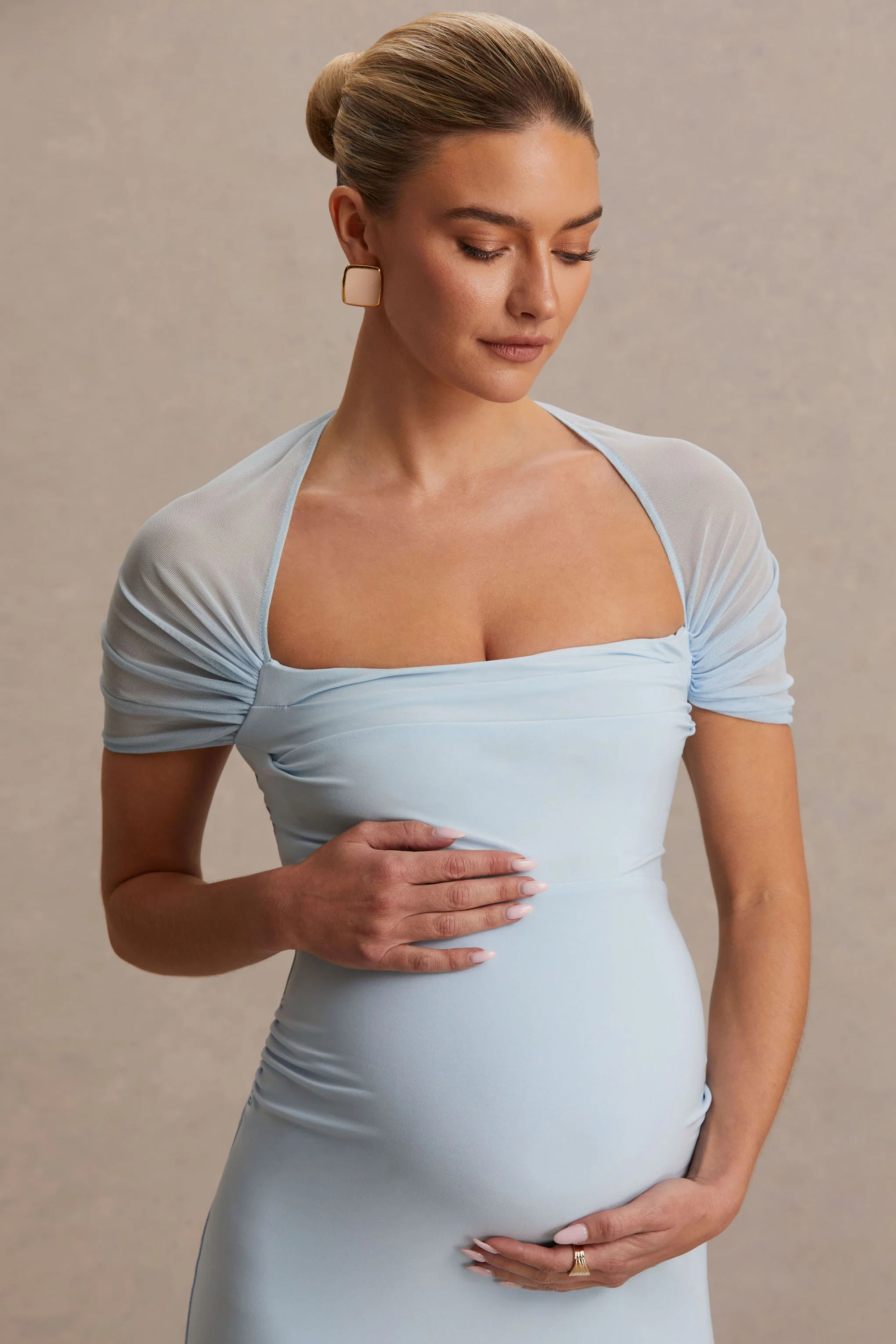 Dome | Powder Blue Square-Neck Mesh-Sleeve Maternity Maxi Dress - Image 6
