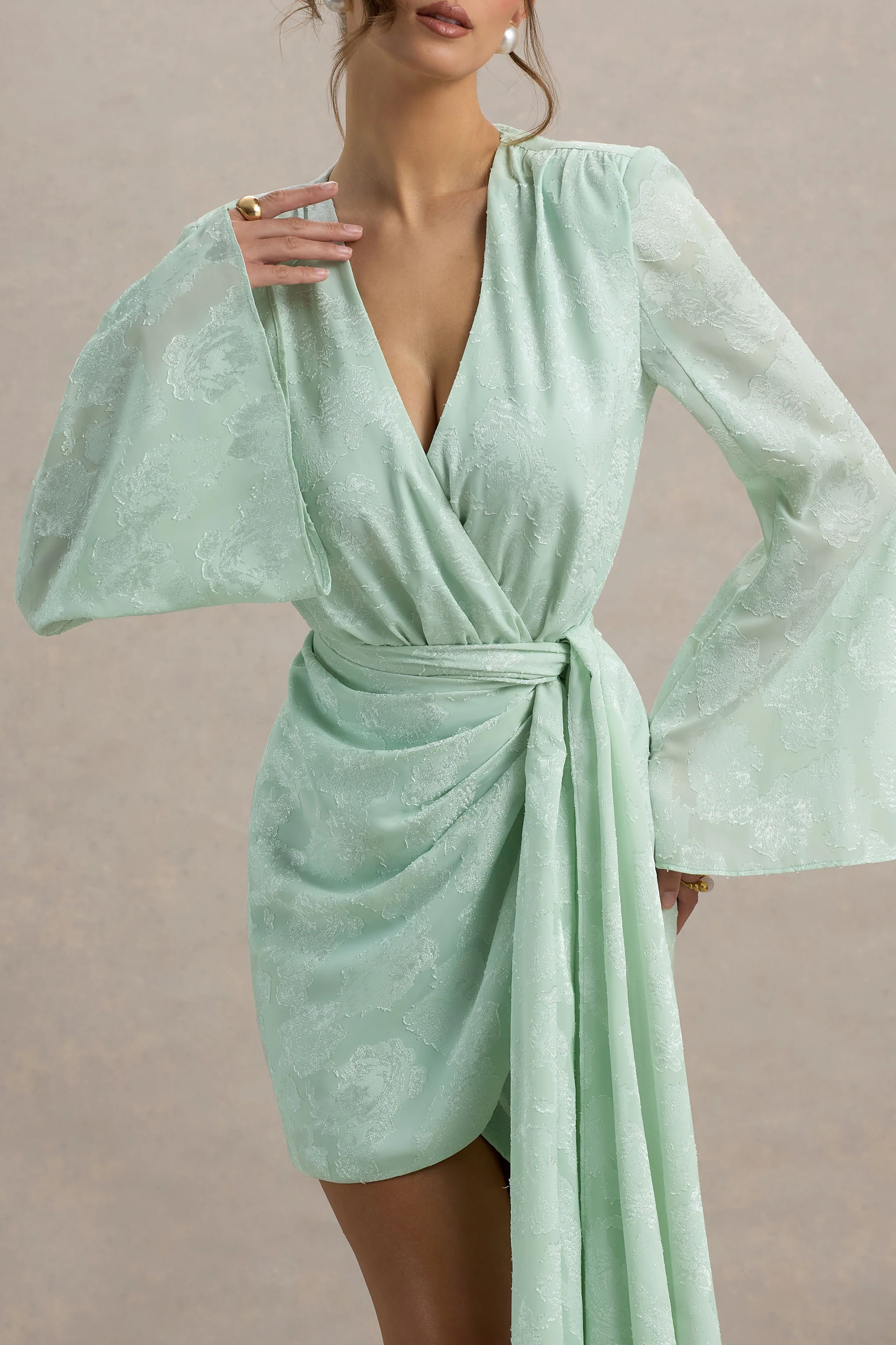 Doreen | Mint Long-Sleeve Wrap Mini Dress - Image 3
