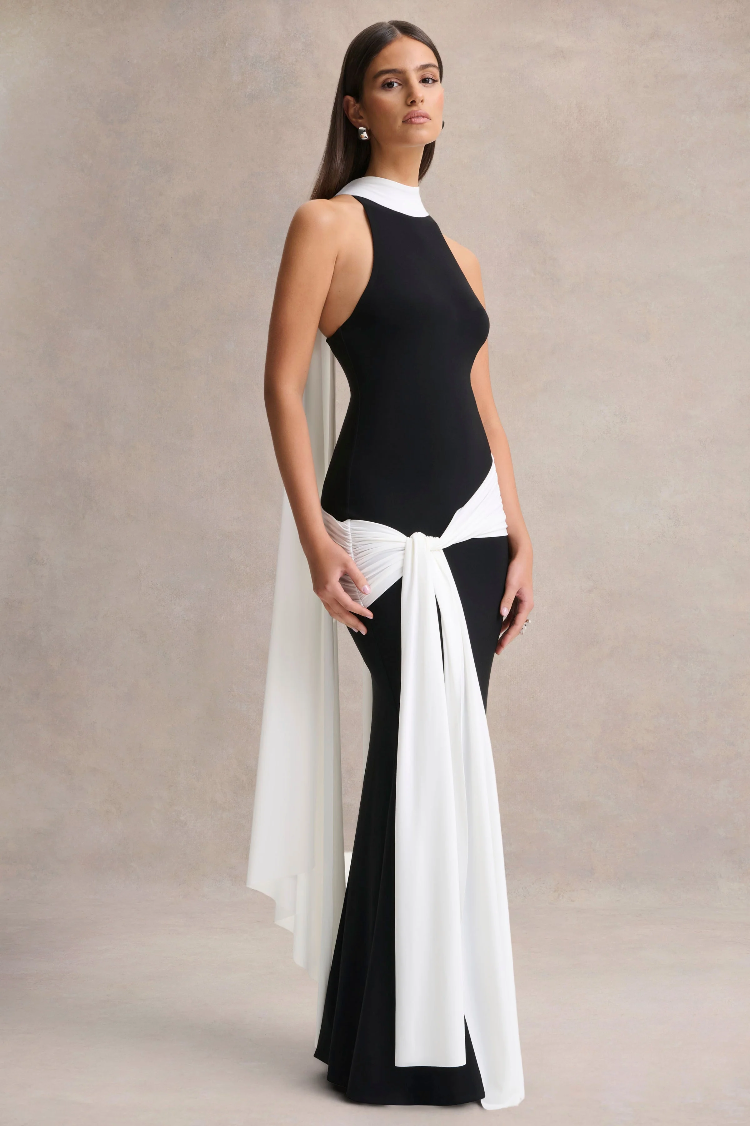 Dorinda | Black And White High-Neck Maxi Dress With Drape And Scarf-Detail