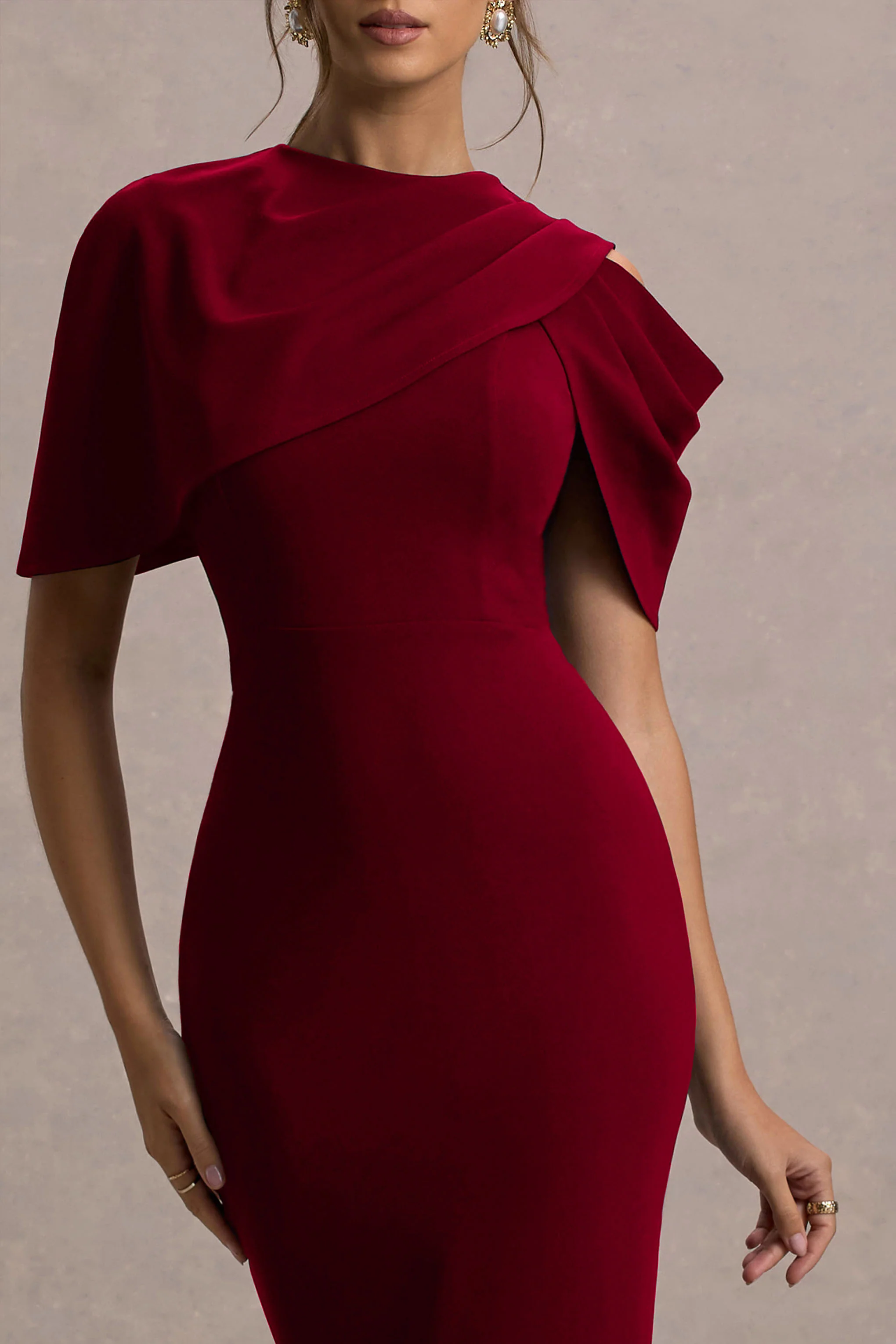 Dorothea | Berry Draped Midi Dress With Cape - Image 6