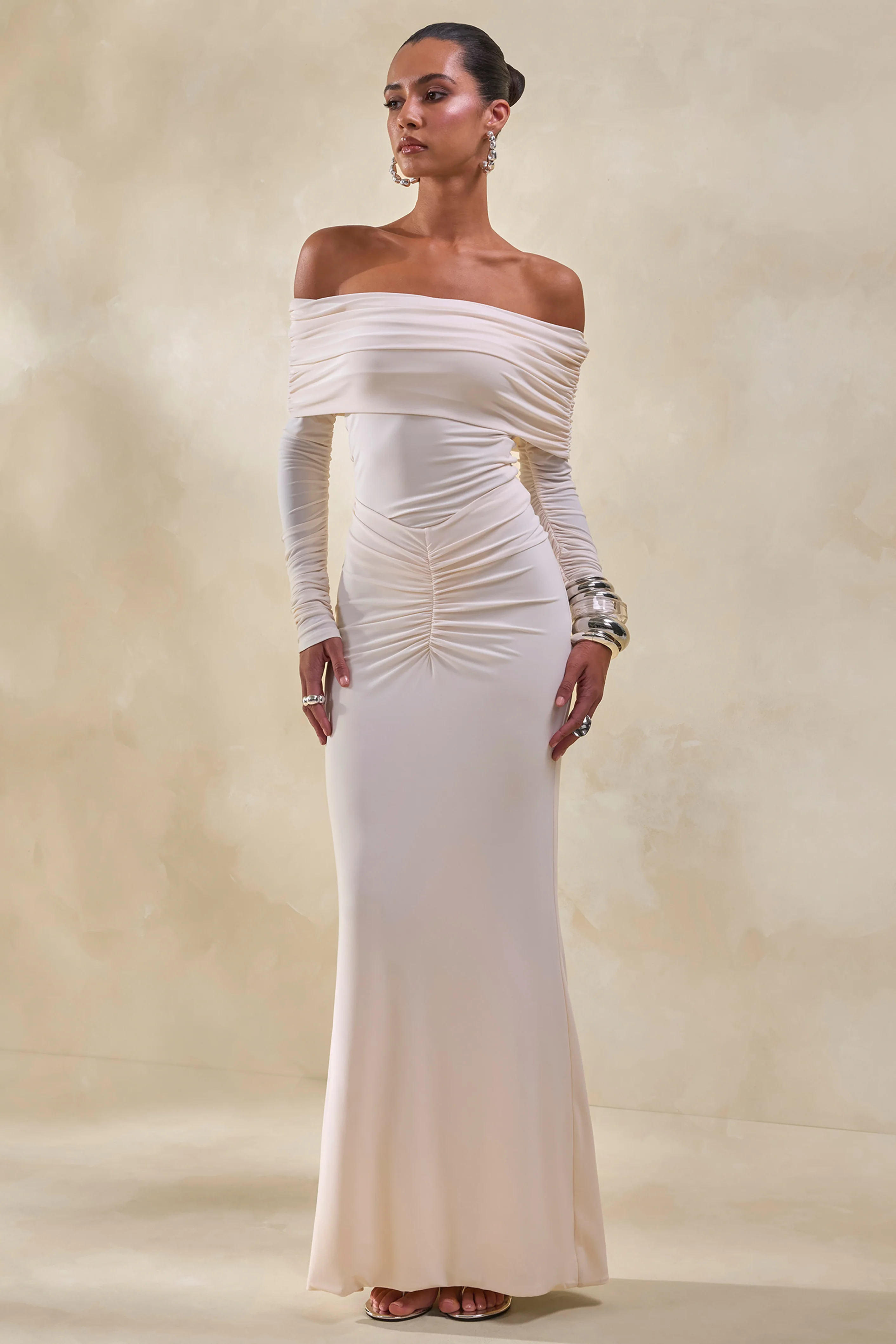 Drina | Cream Bardot Neck Thong Bodysuit With Ruched Long Sleeves - Image 2
