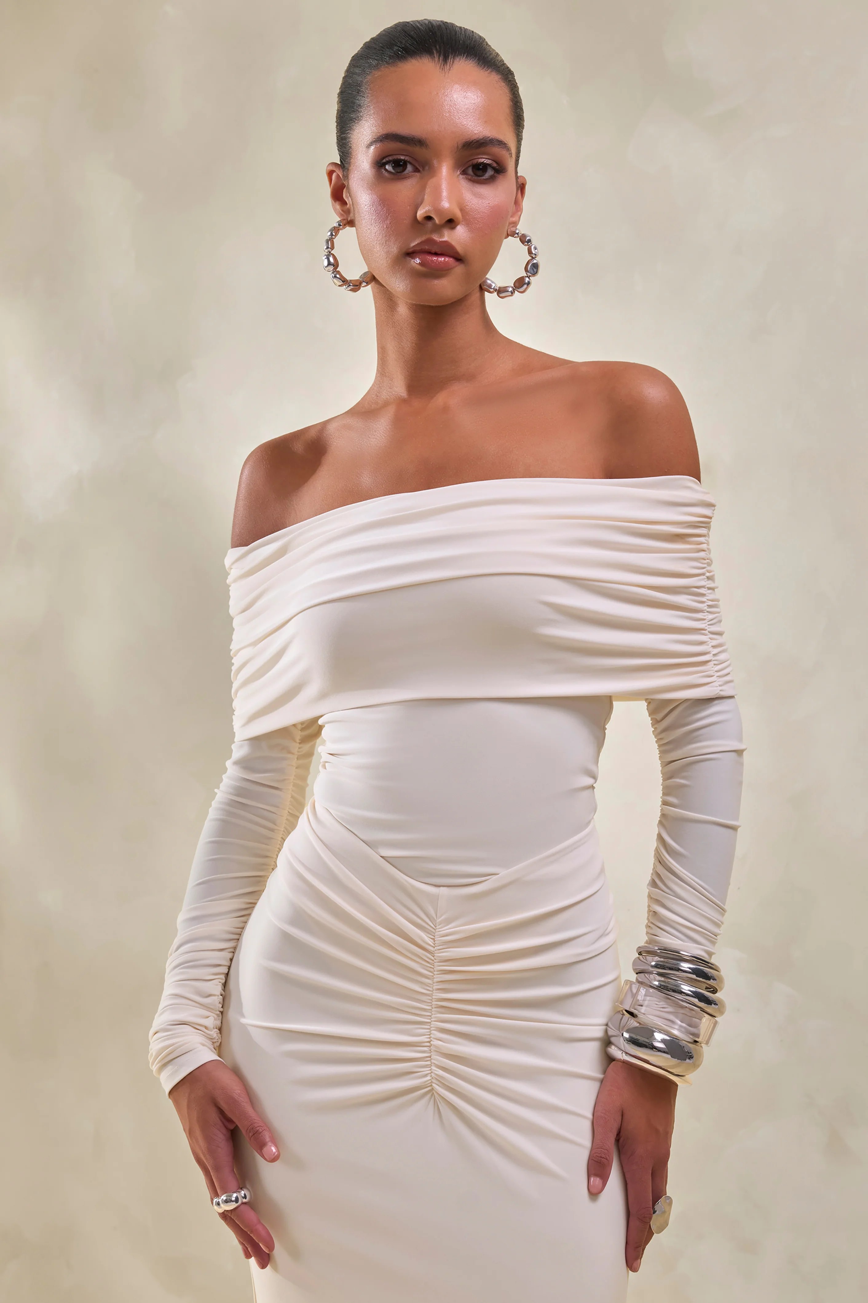 Drina | Cream Bardot Neck Thong Bodysuit With Ruched Long Sleeves - Image 5