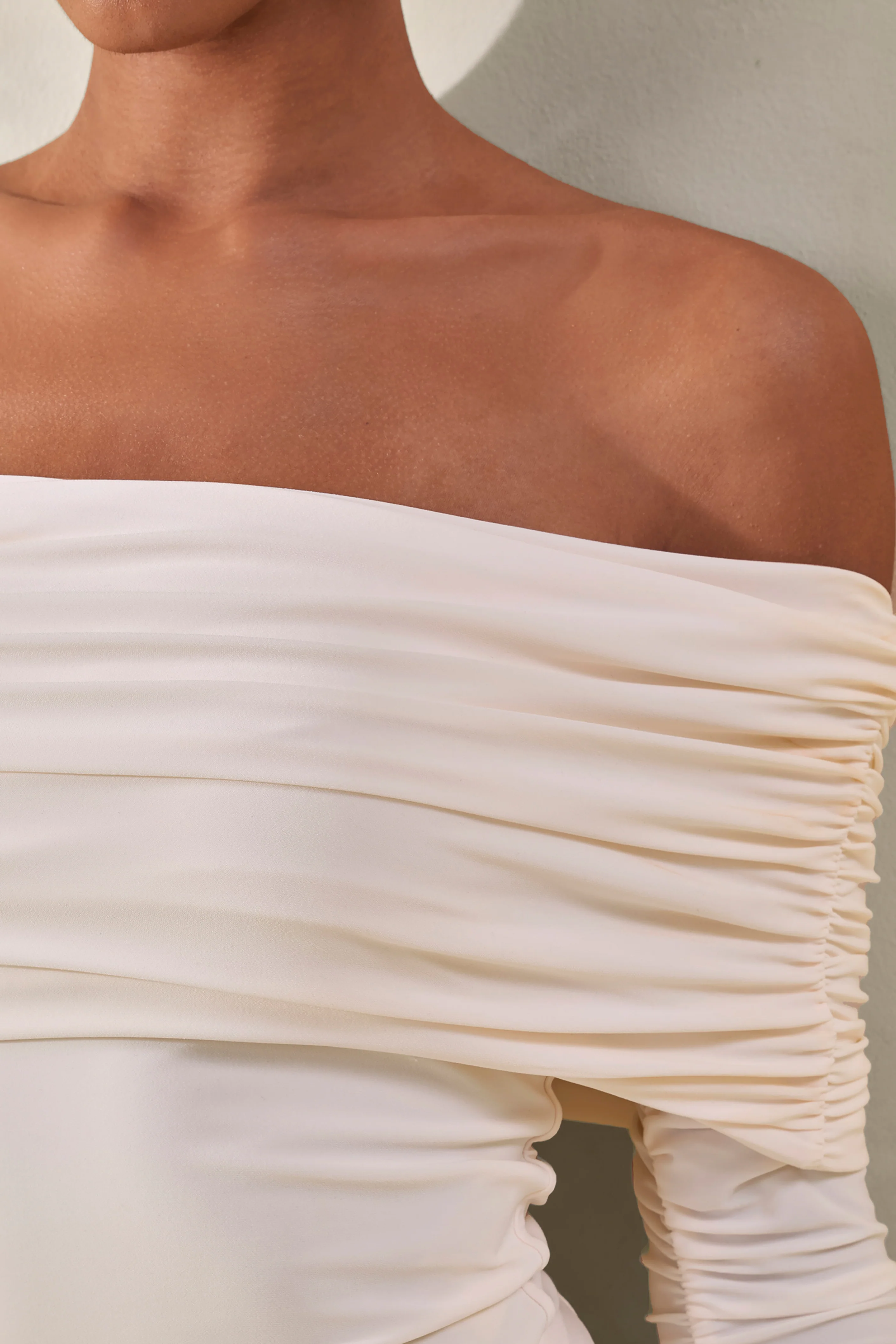 Drina | Cream Bardot Neck Thong Bodysuit With Ruched Long Sleeves - Image 6