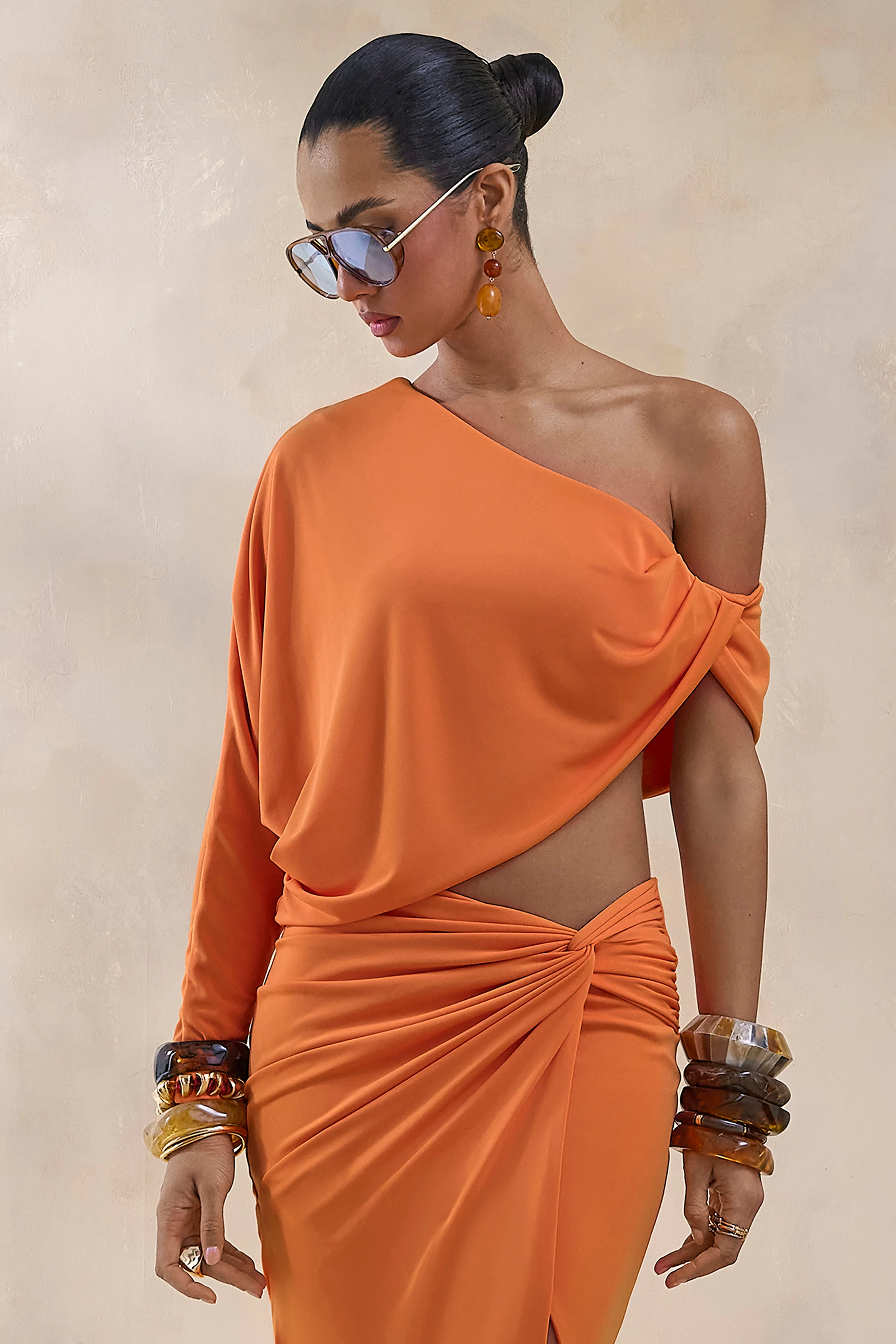 Dua | Orange Asymmetric One-Sleeve Draped Top - Image 6