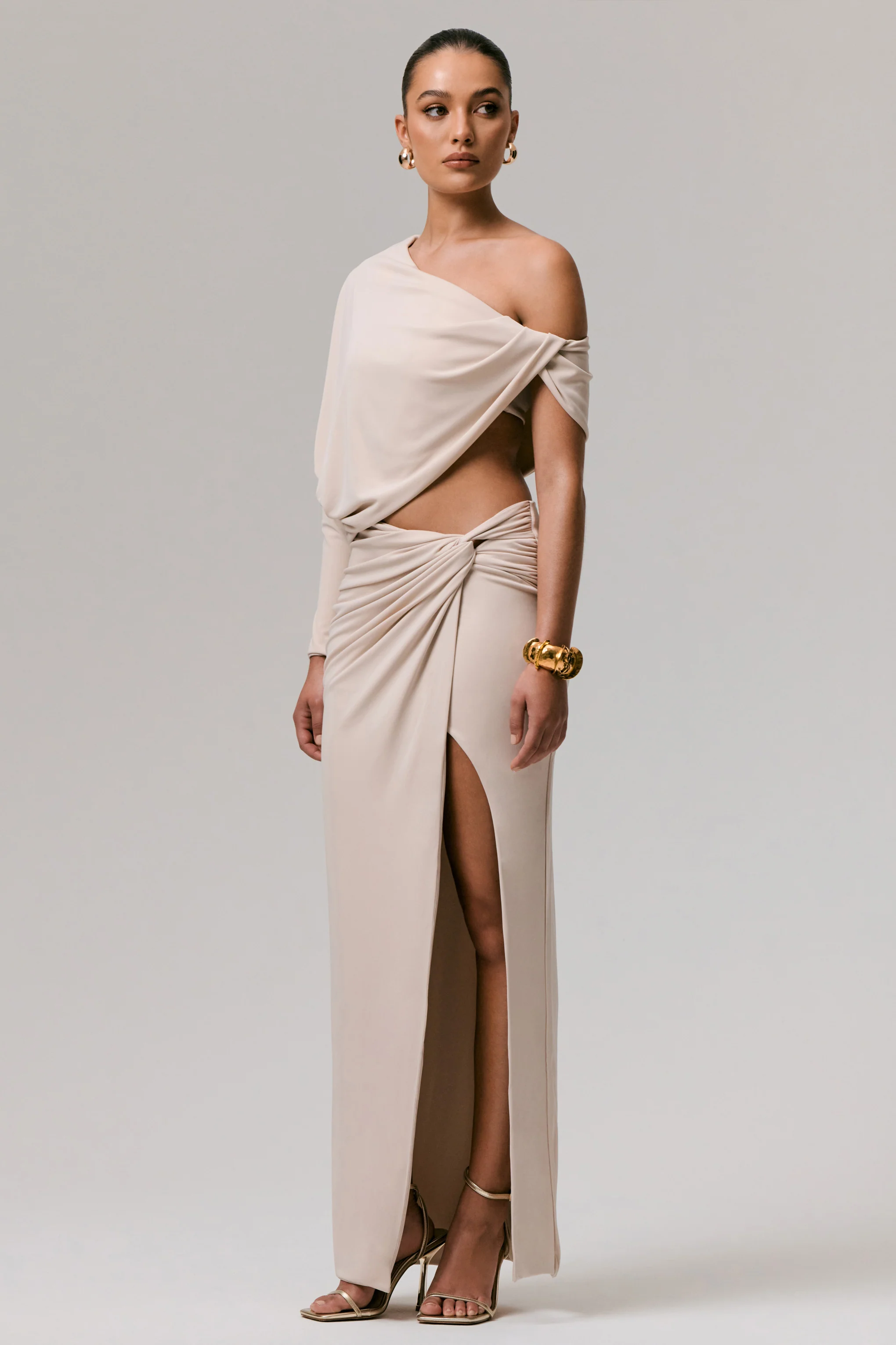 Dua | Stone Asymmetric One-Sleeve Draped Top - Image 3