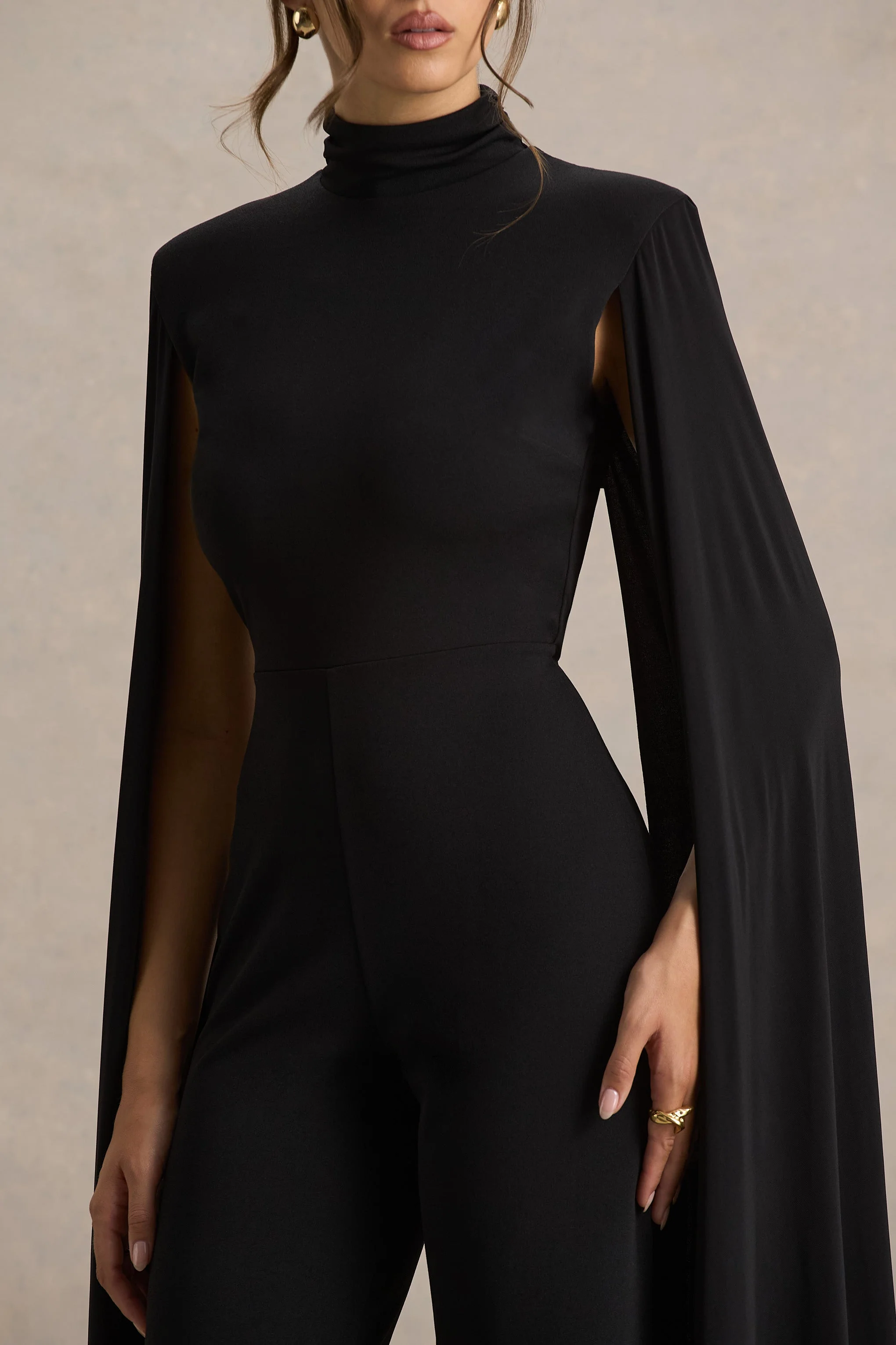 Dulcet | Black High-Neck Jumpsuit With Cape Sleeves - Image 2