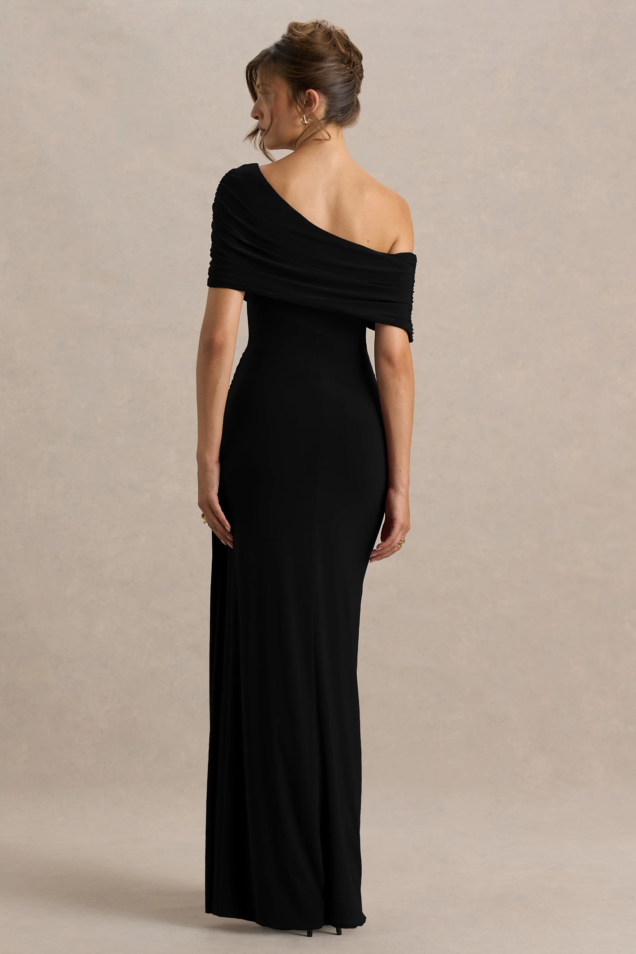 Dynasty | Black Asymmetric-Neck Maxi Dress With Ruched Detailing And Front High-Split - Image 2