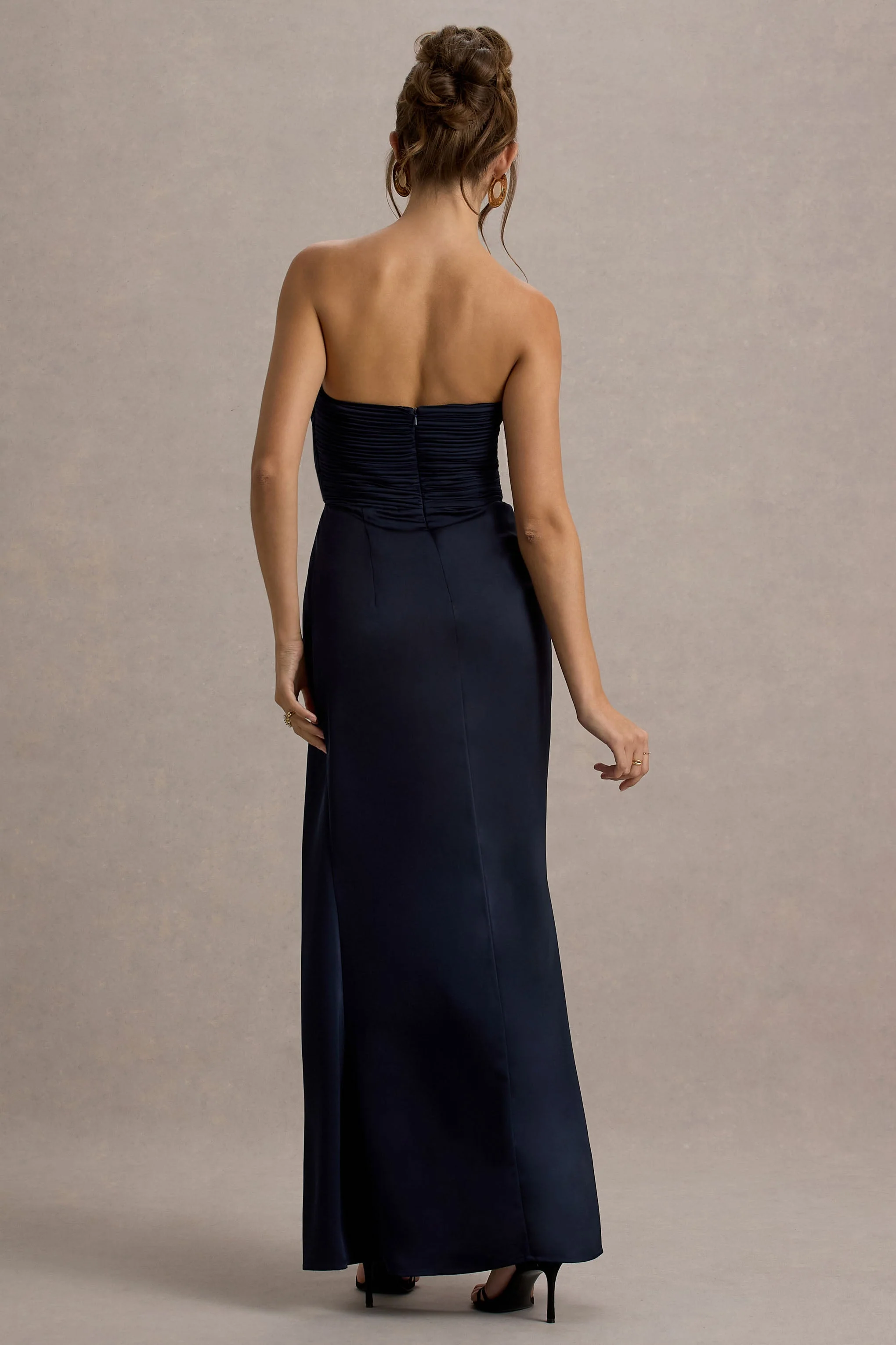 Edel | Navy Satin Strapless Maxi Dress With Drape - Image 2