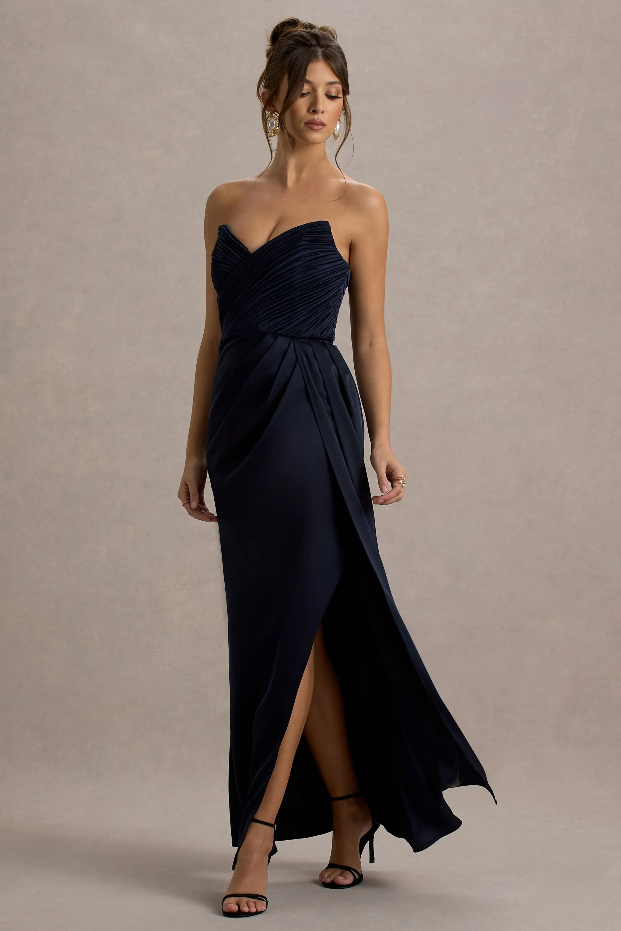 Edel | Navy Satin Strapless Maxi Dress With Drape - Image 7