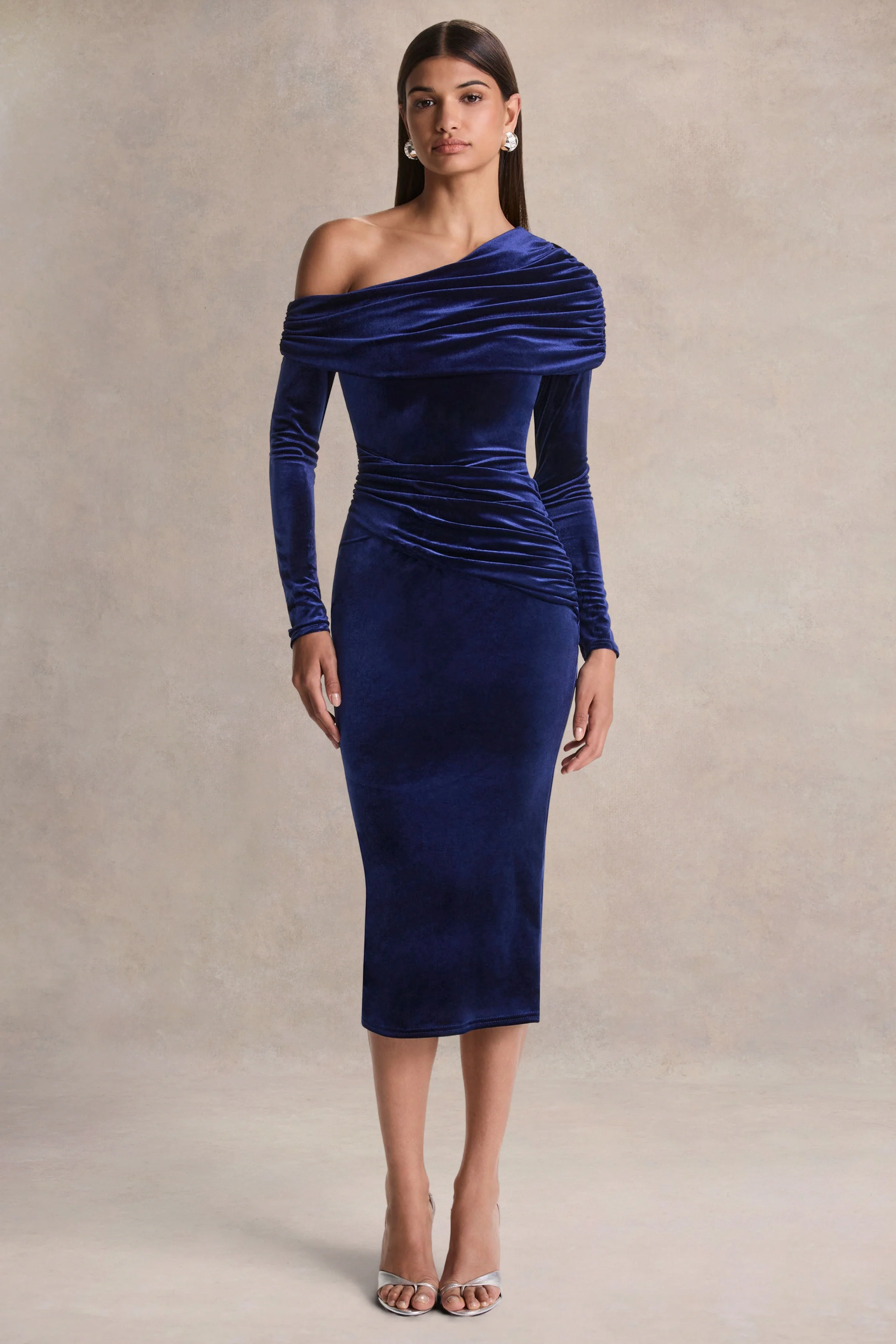 Eirene | Blue Velvet Asymmetric-Neck Midi Dress - Image 4
