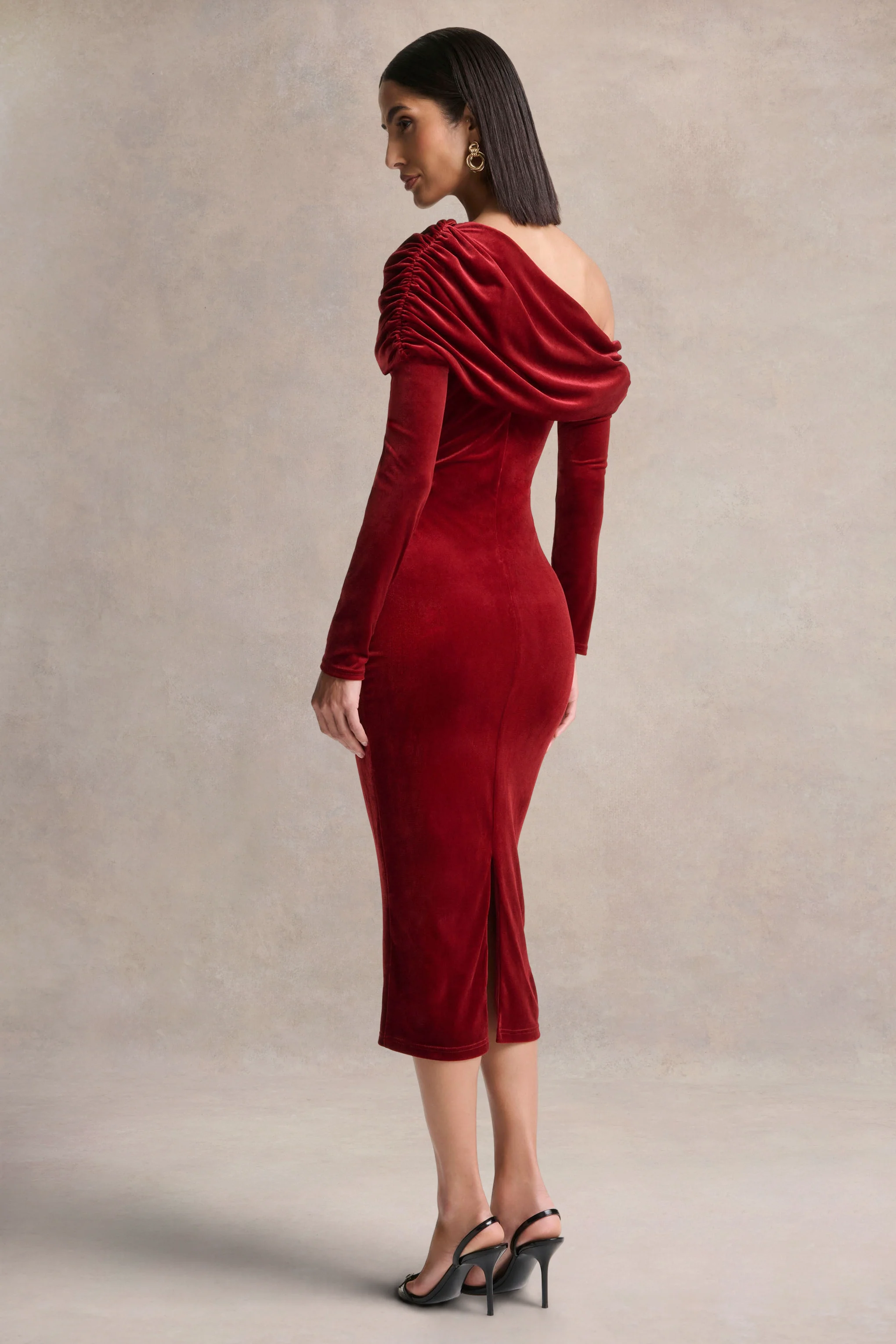 Eirene | Red Velvet Asymmetric-Neck Midi Dress - Image 2