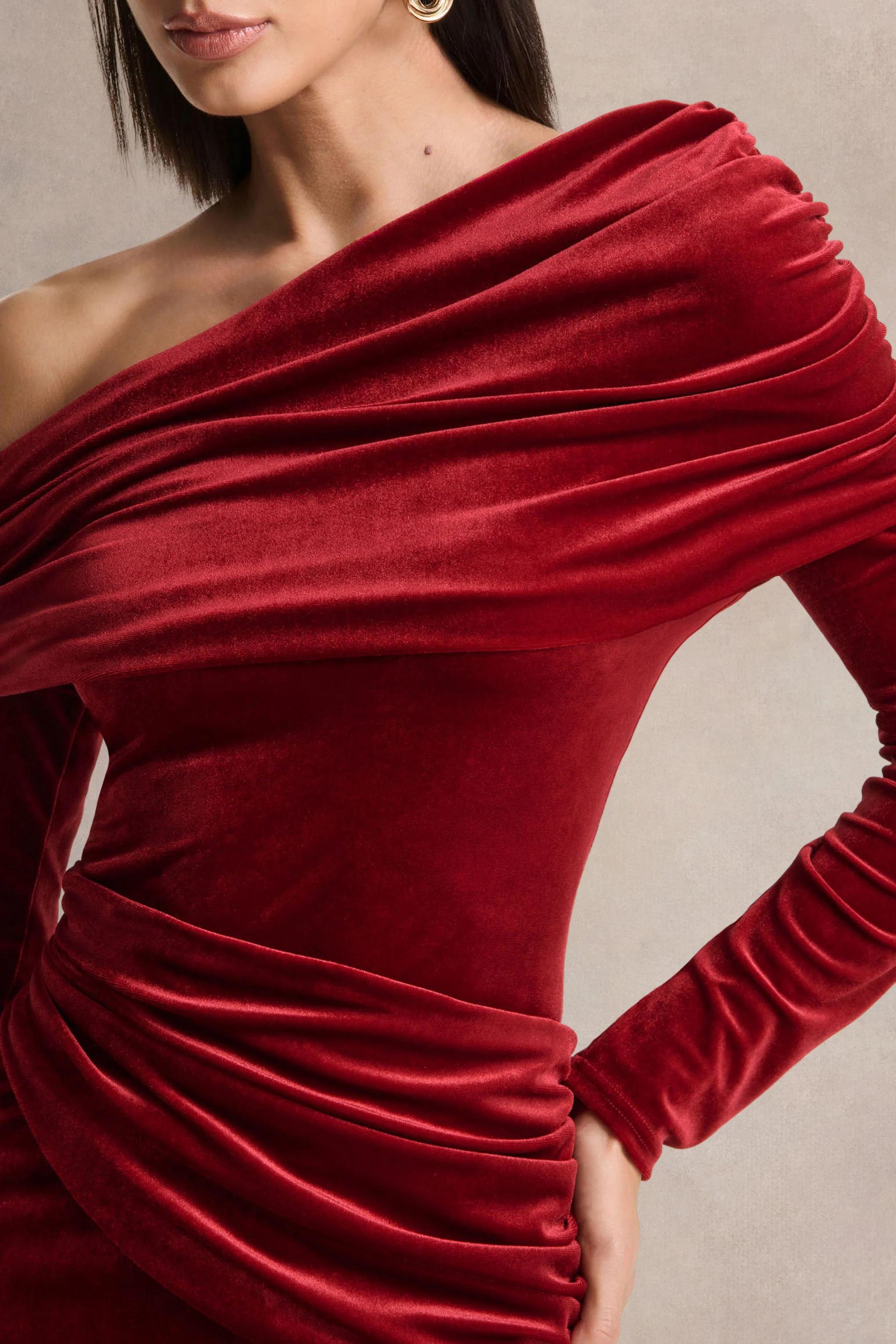 Eirene | Red Velvet Asymmetric-Neck Midi Dress - Image 3