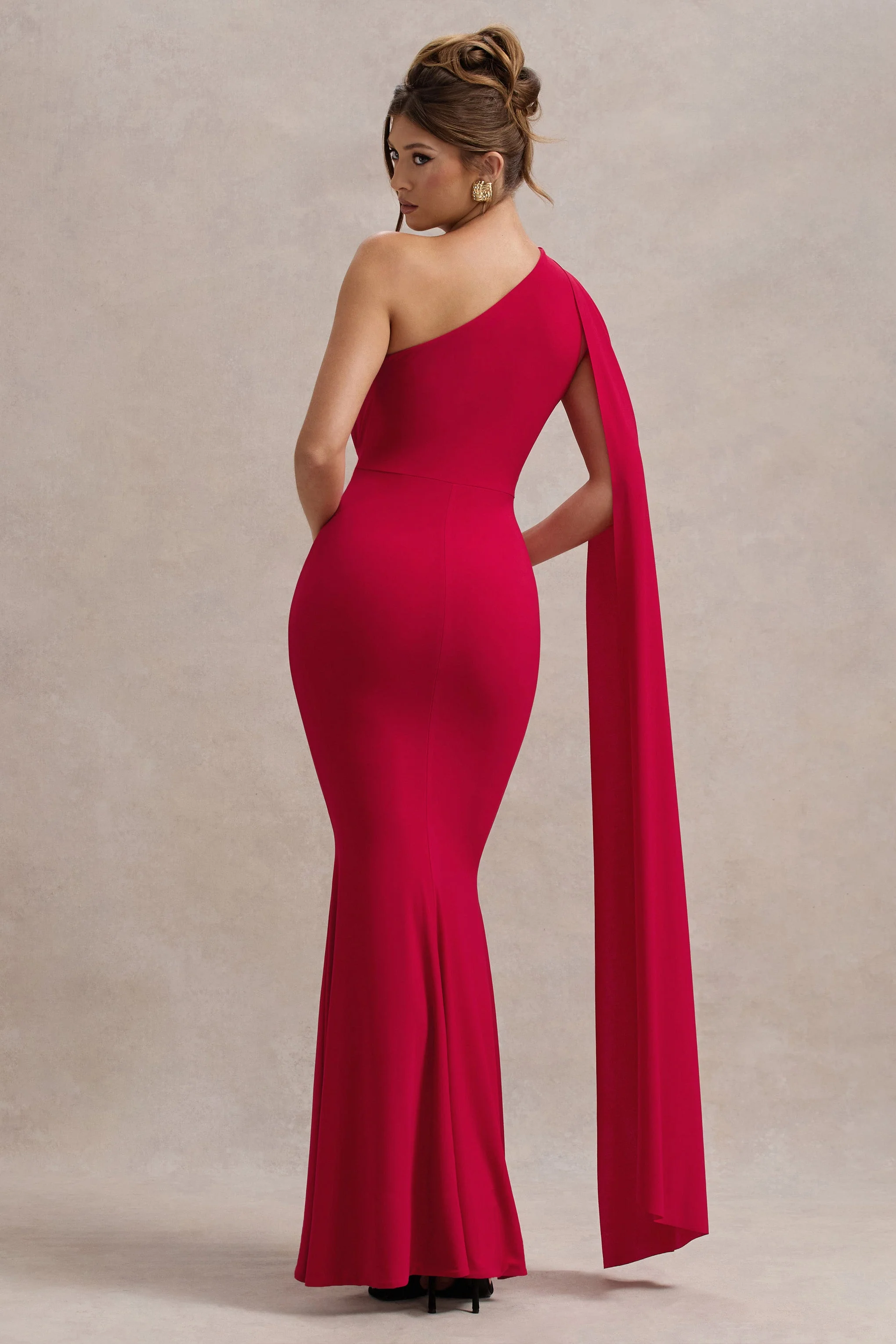 Elaina | Red Asymmetric Knot Maxi Dress With Sash - Image 2