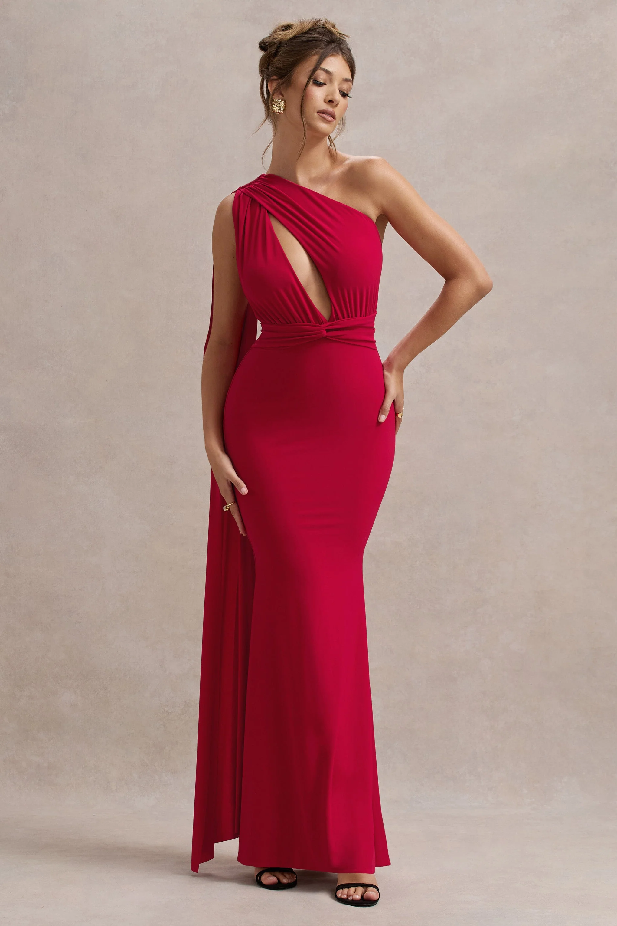 Elaina | Red Asymmetric Knot Maxi Dress With Sash - Image 4