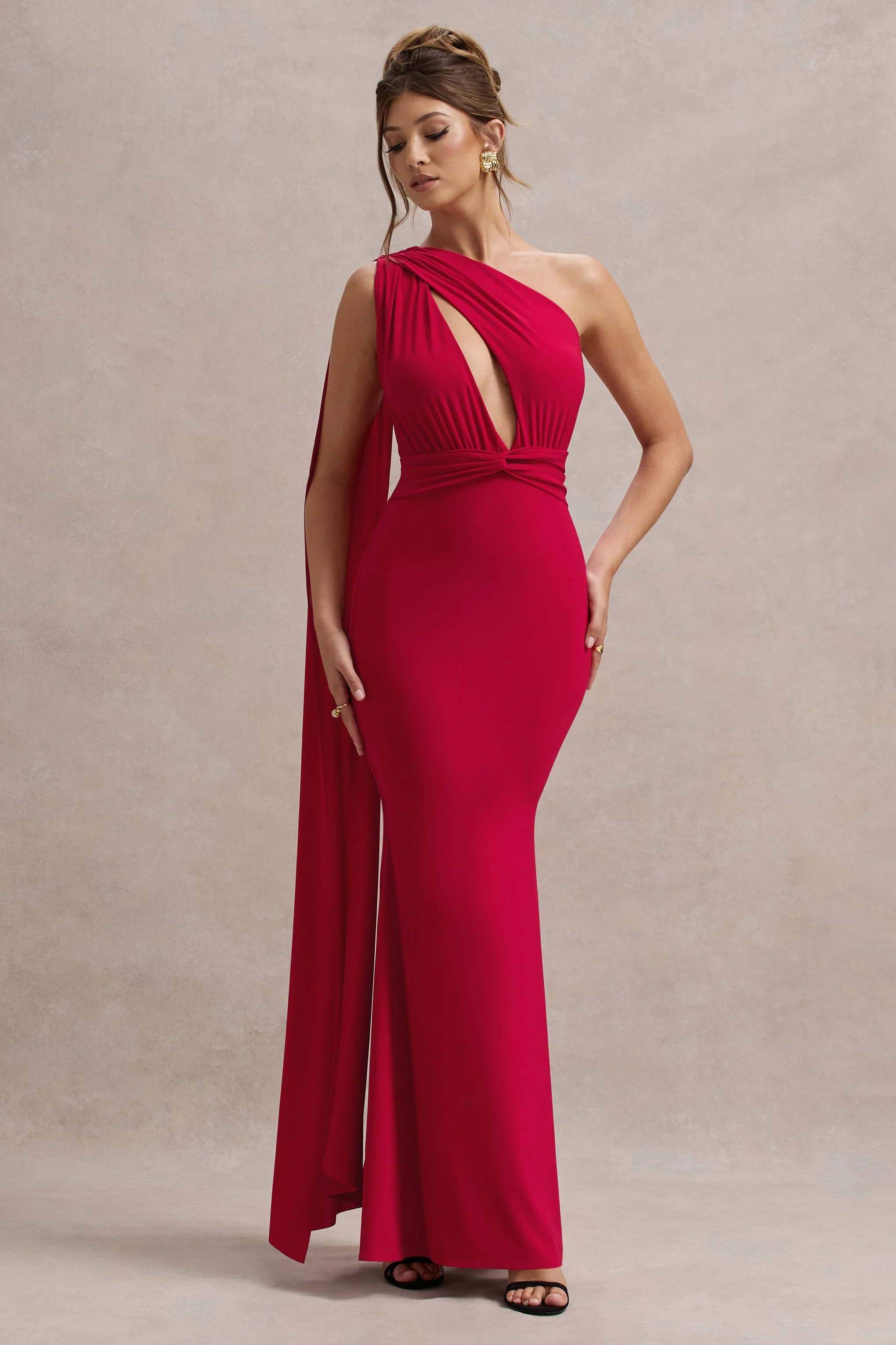 Elaina | Red Asymmetric Knot Maxi Dress With Sash - Image 5