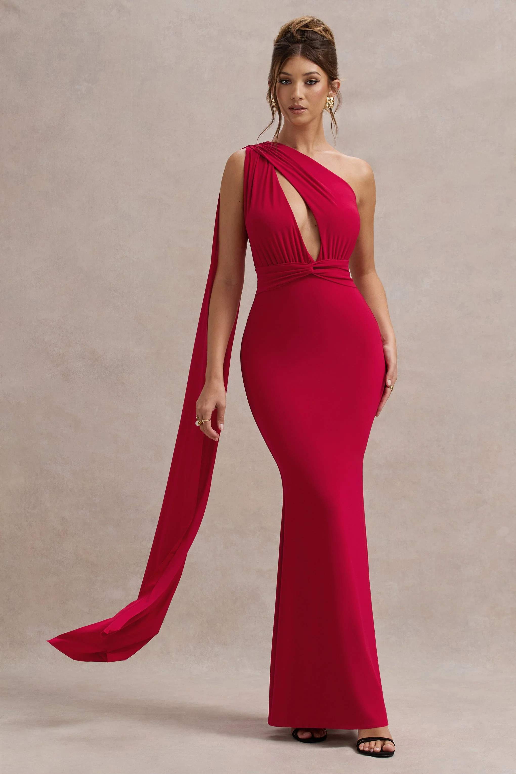 Elaina | Red Asymmetric Knot Maxi Dress With Sash - Image 6