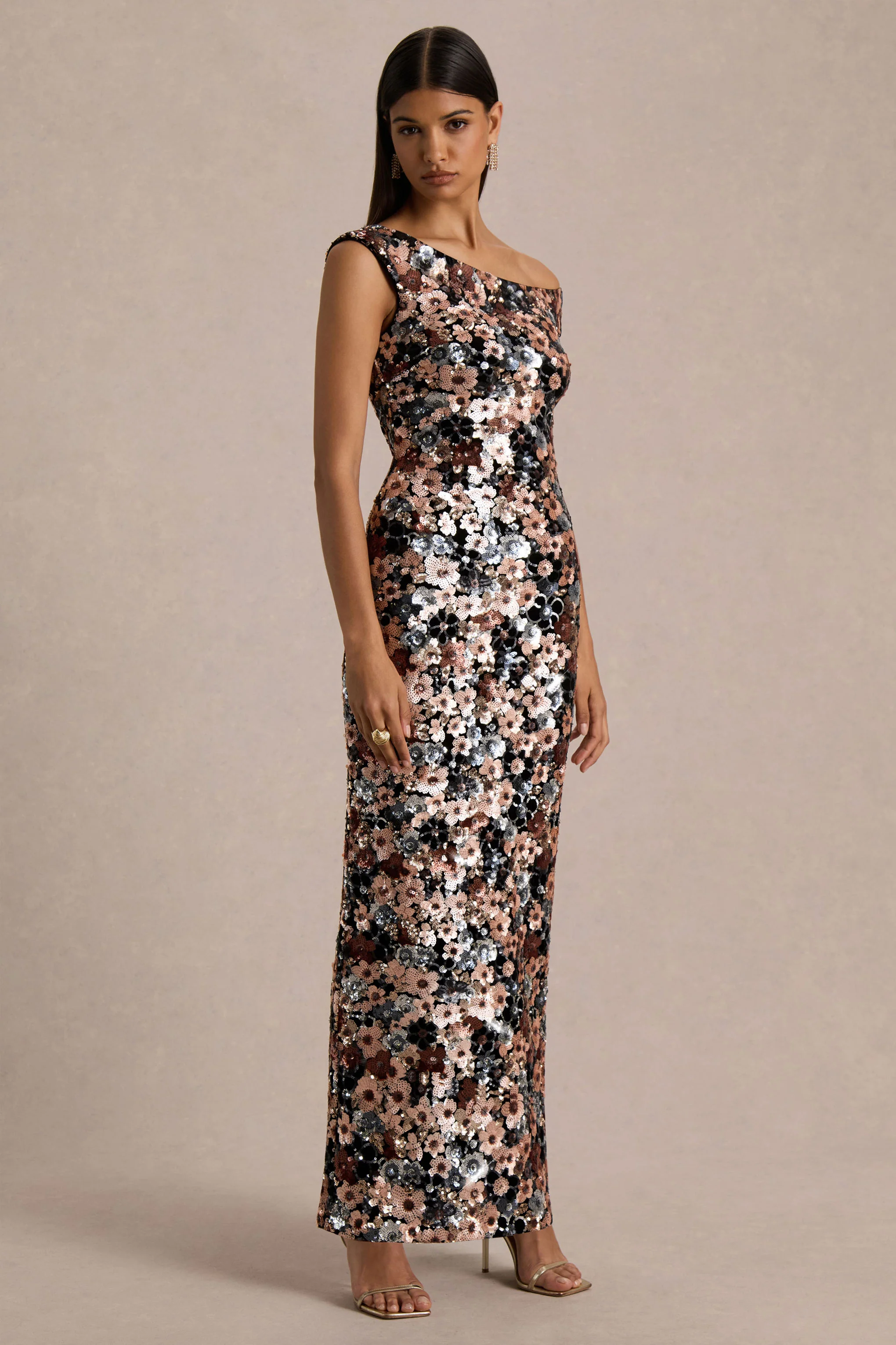 Electric | Black Velvet & Embellished Sequin Floral Asymmetric-Neck Maxi Dress - Image 5