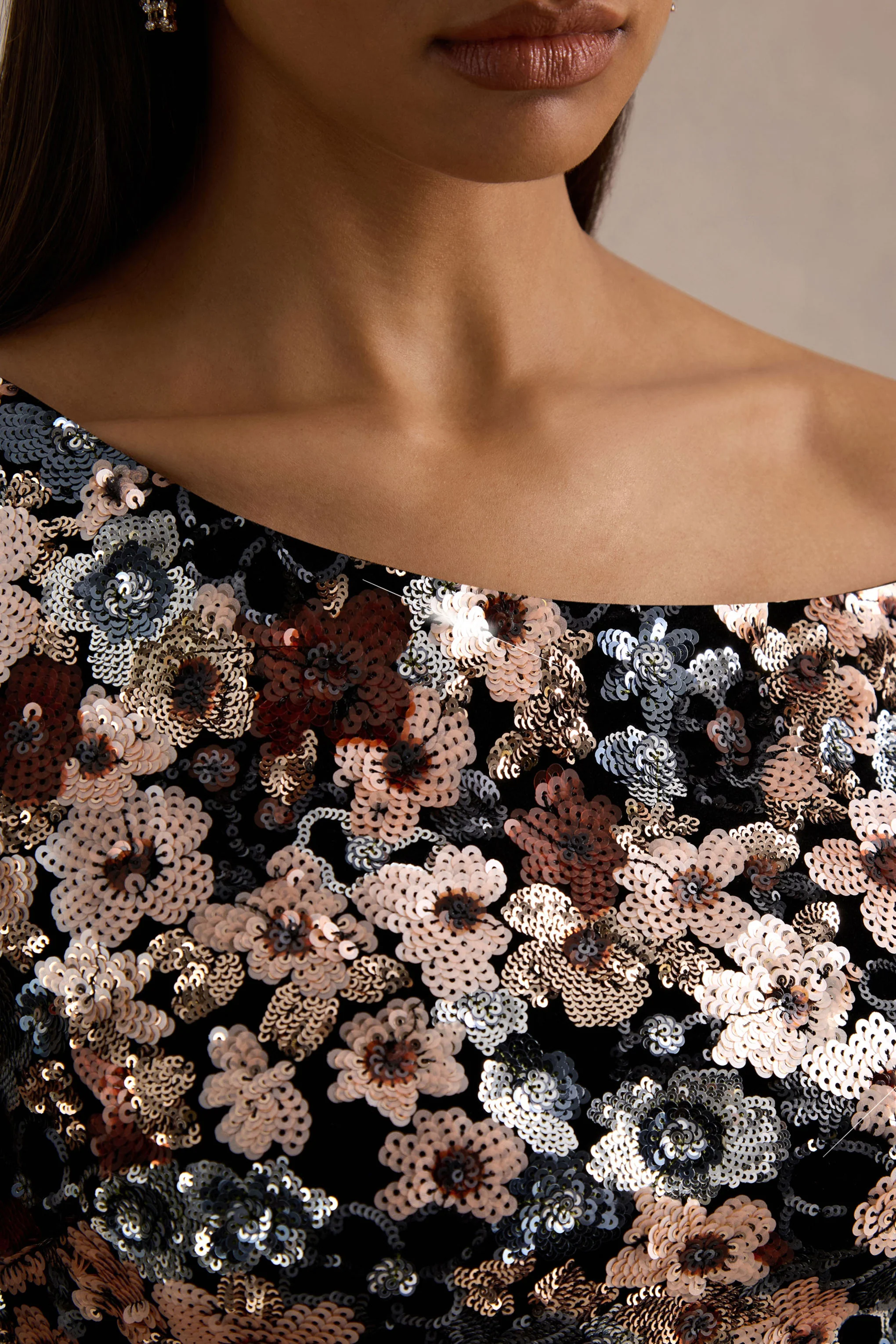 Electric | Black Velvet & Embellished Sequin Floral Asymmetric-Neck Maxi Dress - Image 6