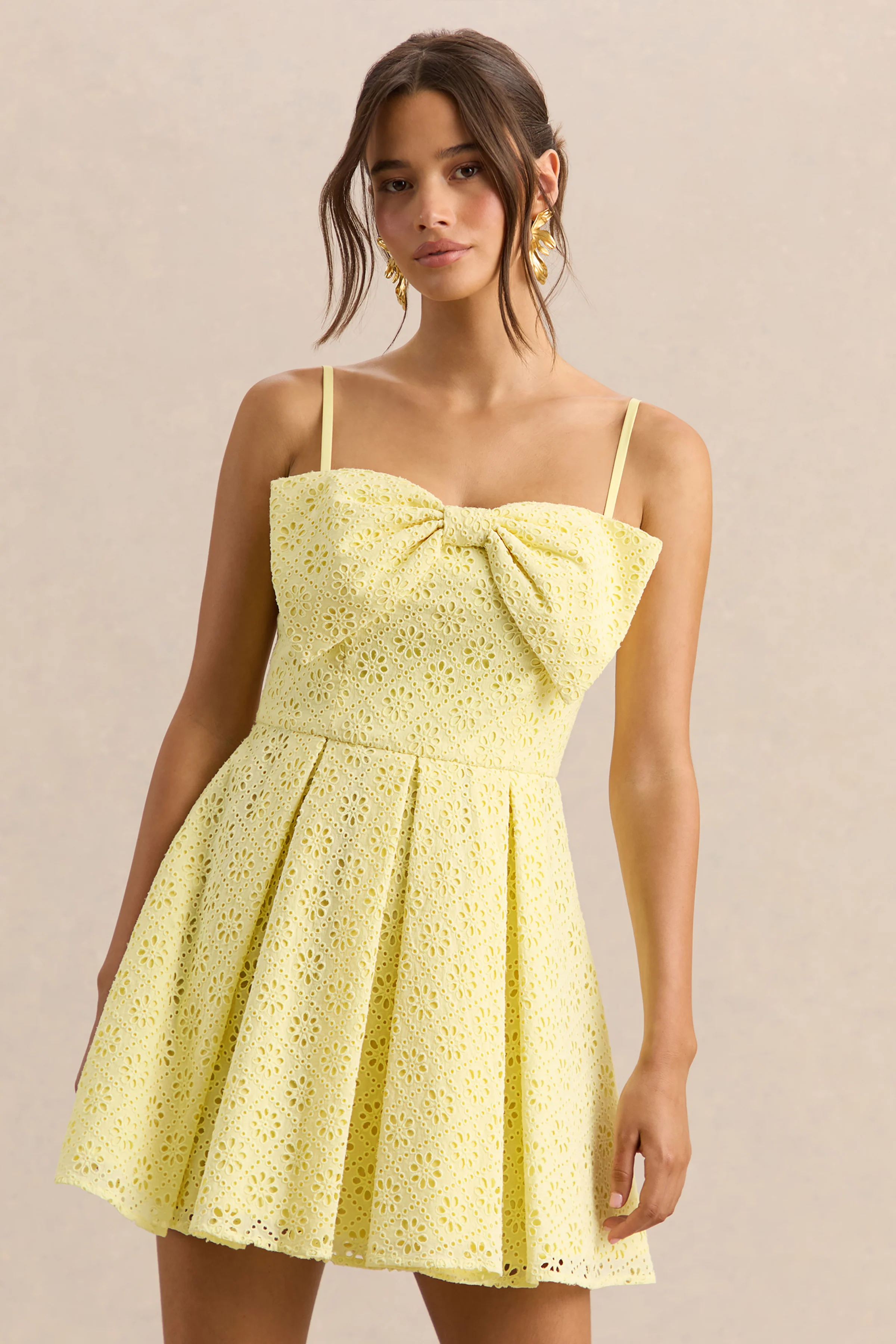 Elina | Lemon Square-Neck Mini Dress With Bow Detail - Image 3