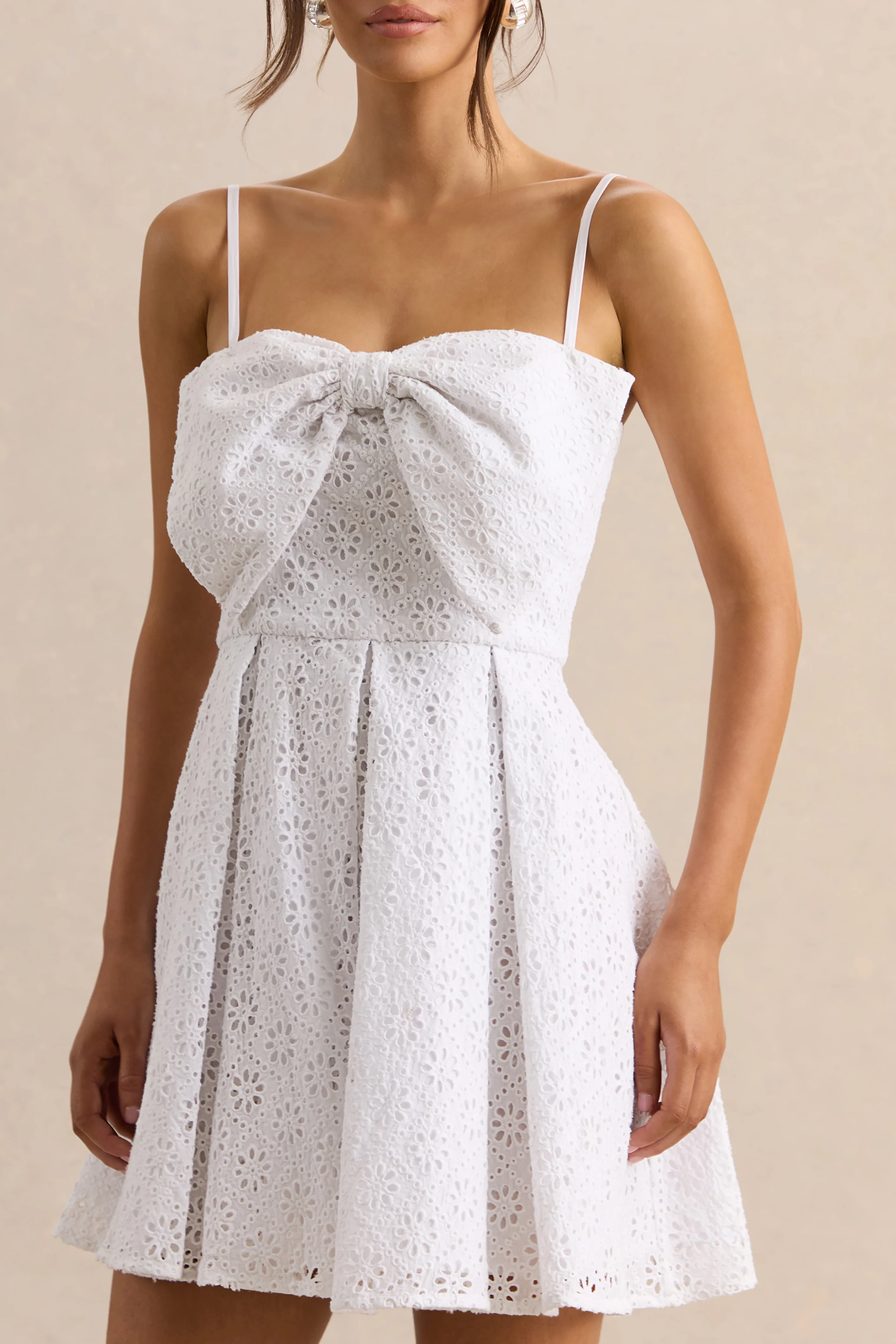 Elina | White Square-Neck Mini Dress With Bow Detail - Image 6