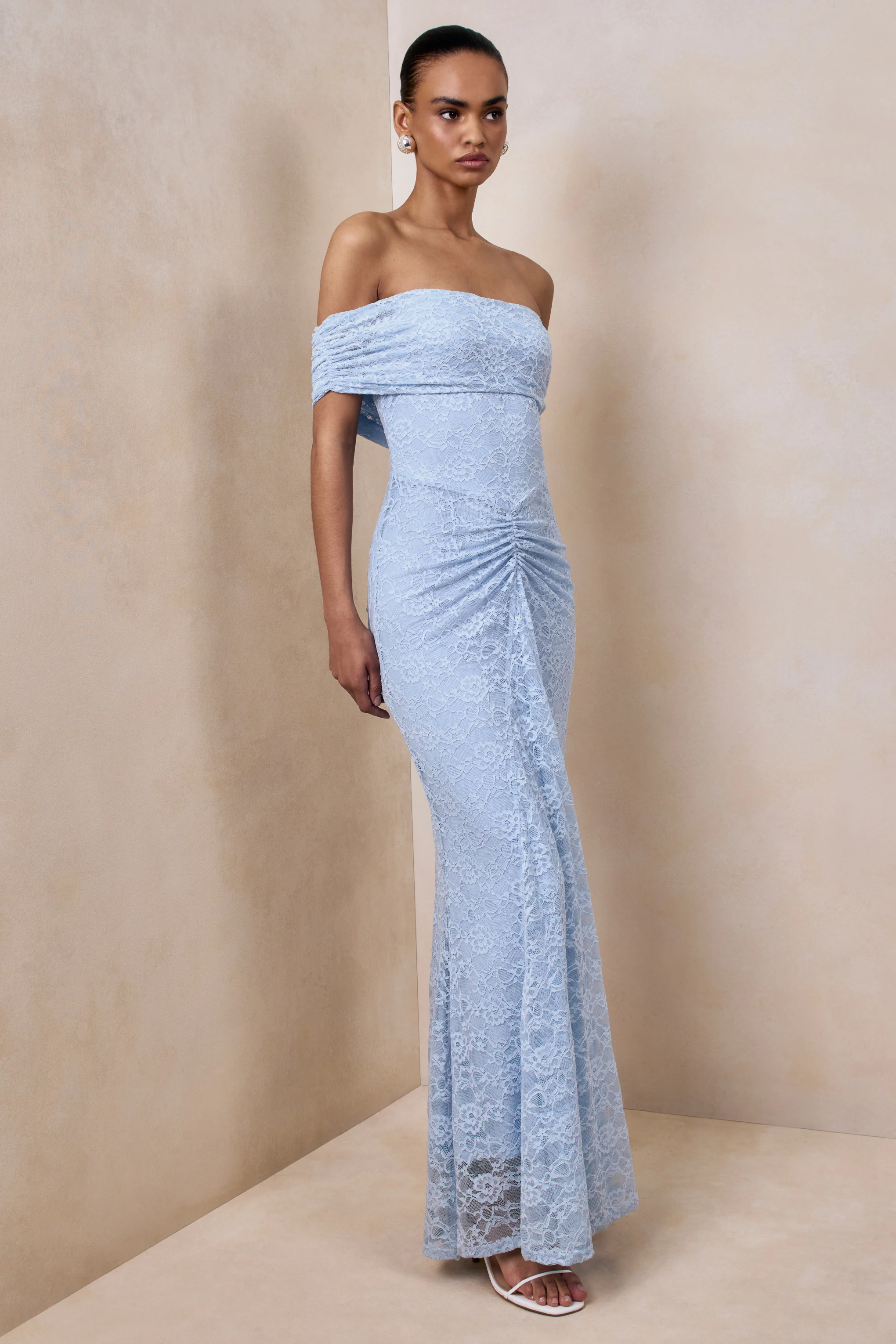 Elinor | Powder Blue Lace Bardot-Neck Maxi Dress With Gathered-Detailing - Image 5