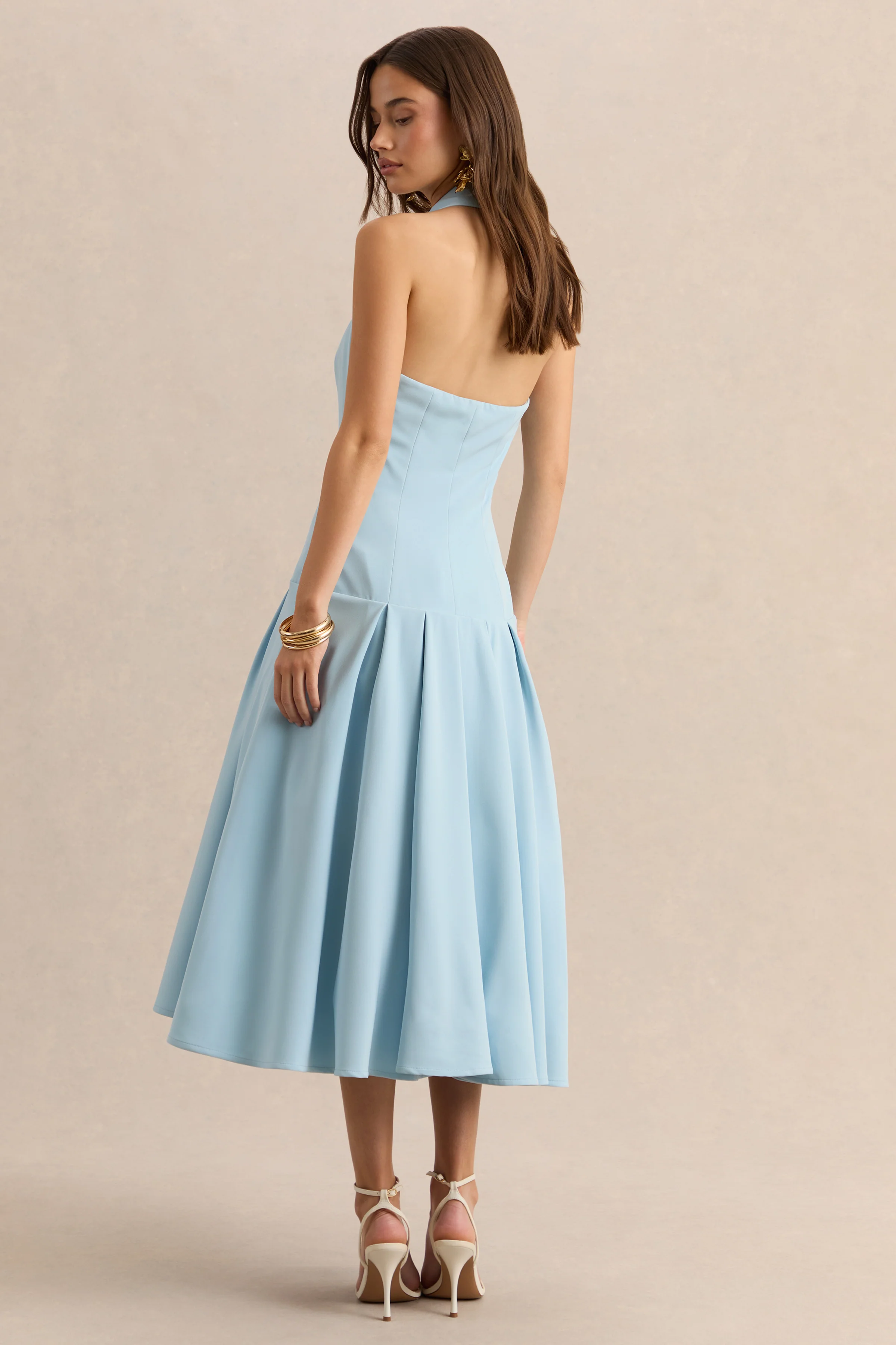 Elise | Powder Blue Plunge-Neck Midi Dress With Drop-Waist - Image 2