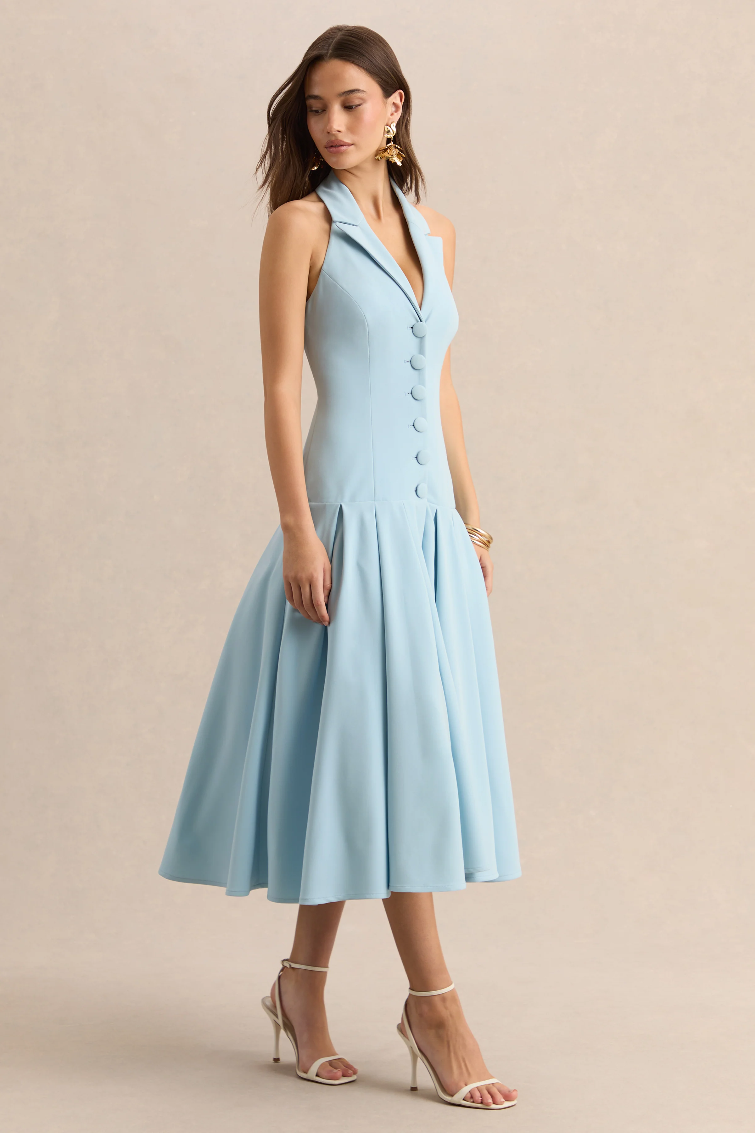 Elise | Powder Blue Plunge-Neck Midi Dress With Drop-Waist - Image 4