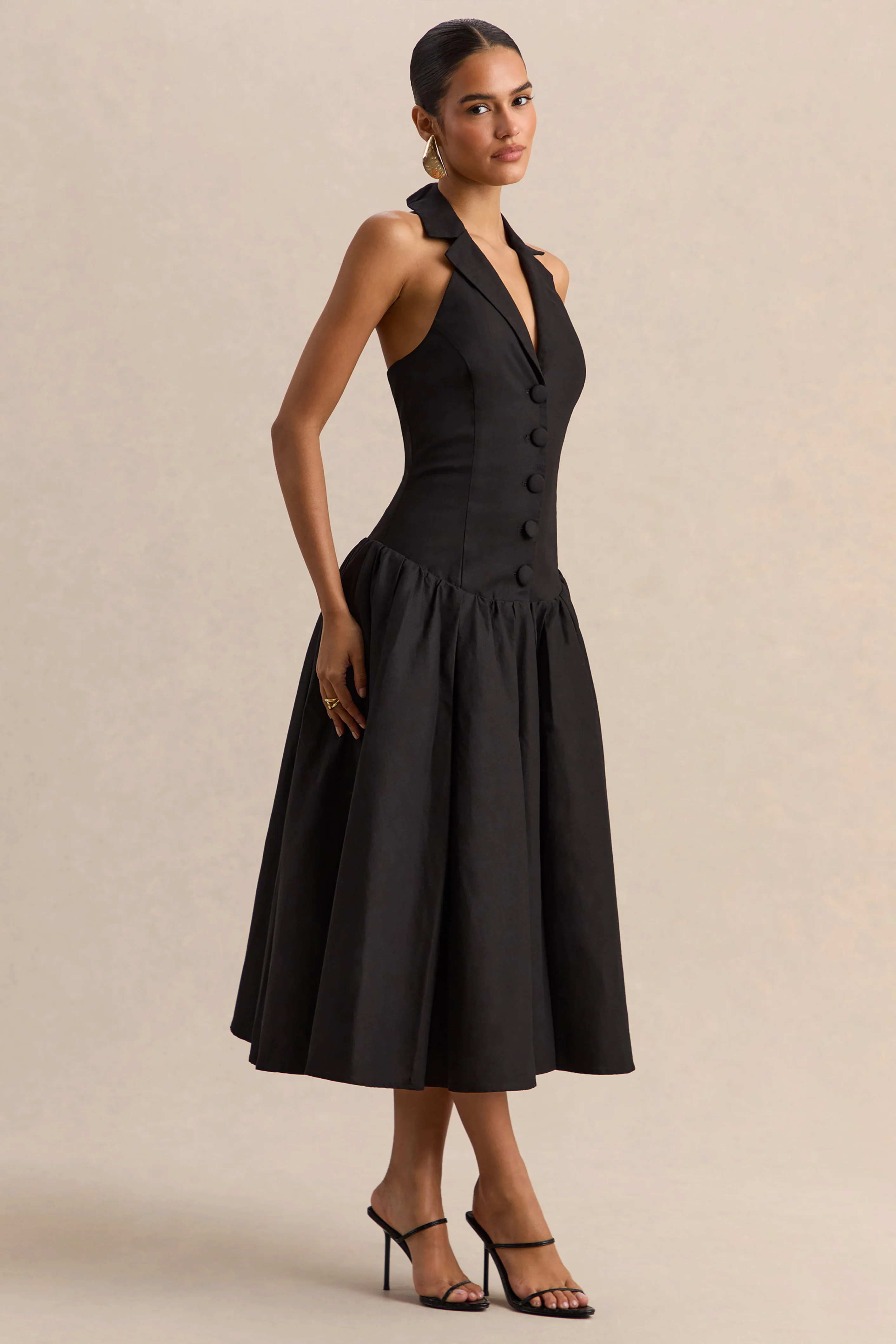Ella | Black Plunge-Neck Midi Dress With Drop-Waist - Image 5