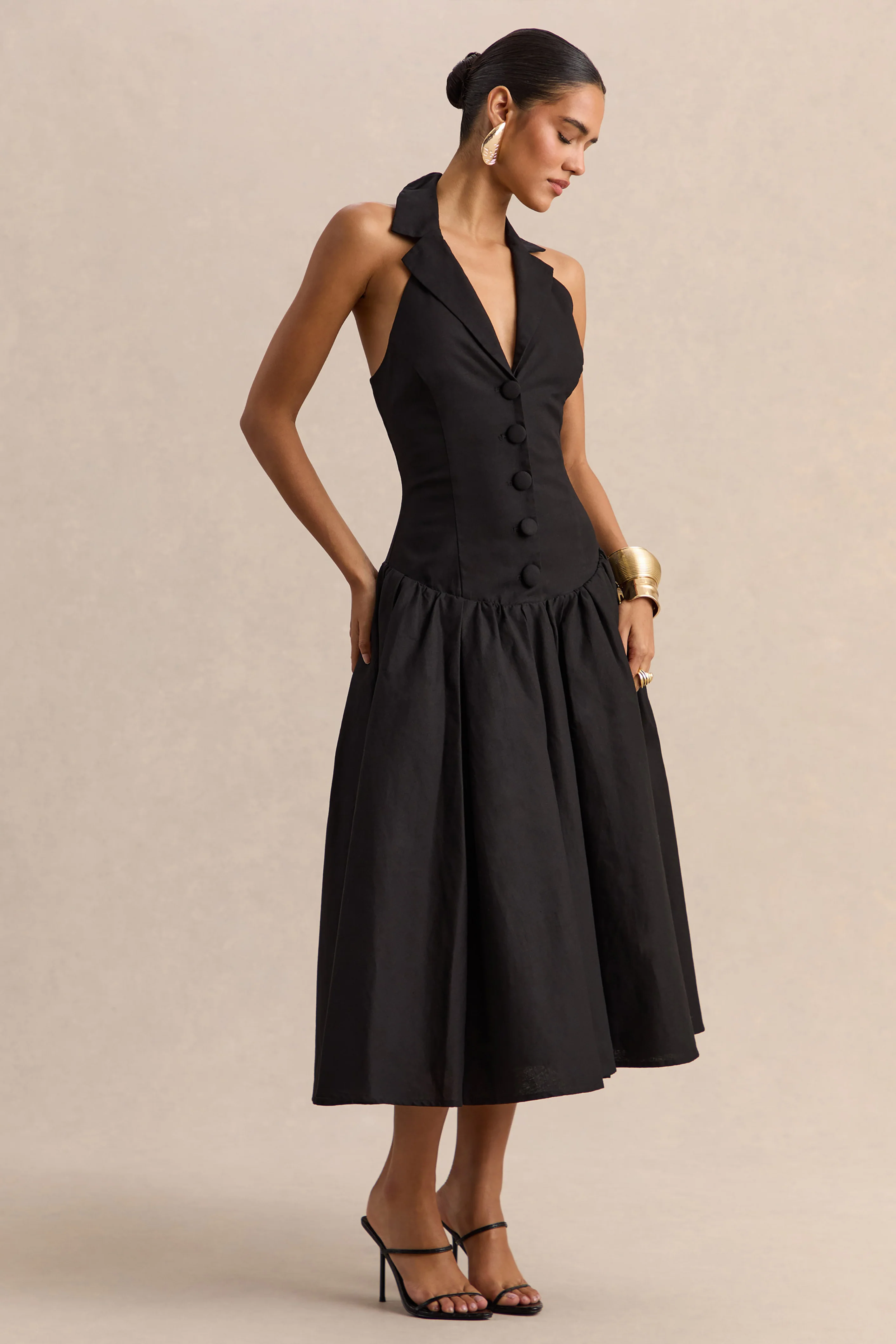 Ella | Black Plunge-Neck Midi Dress With Drop-Waist - Image 6