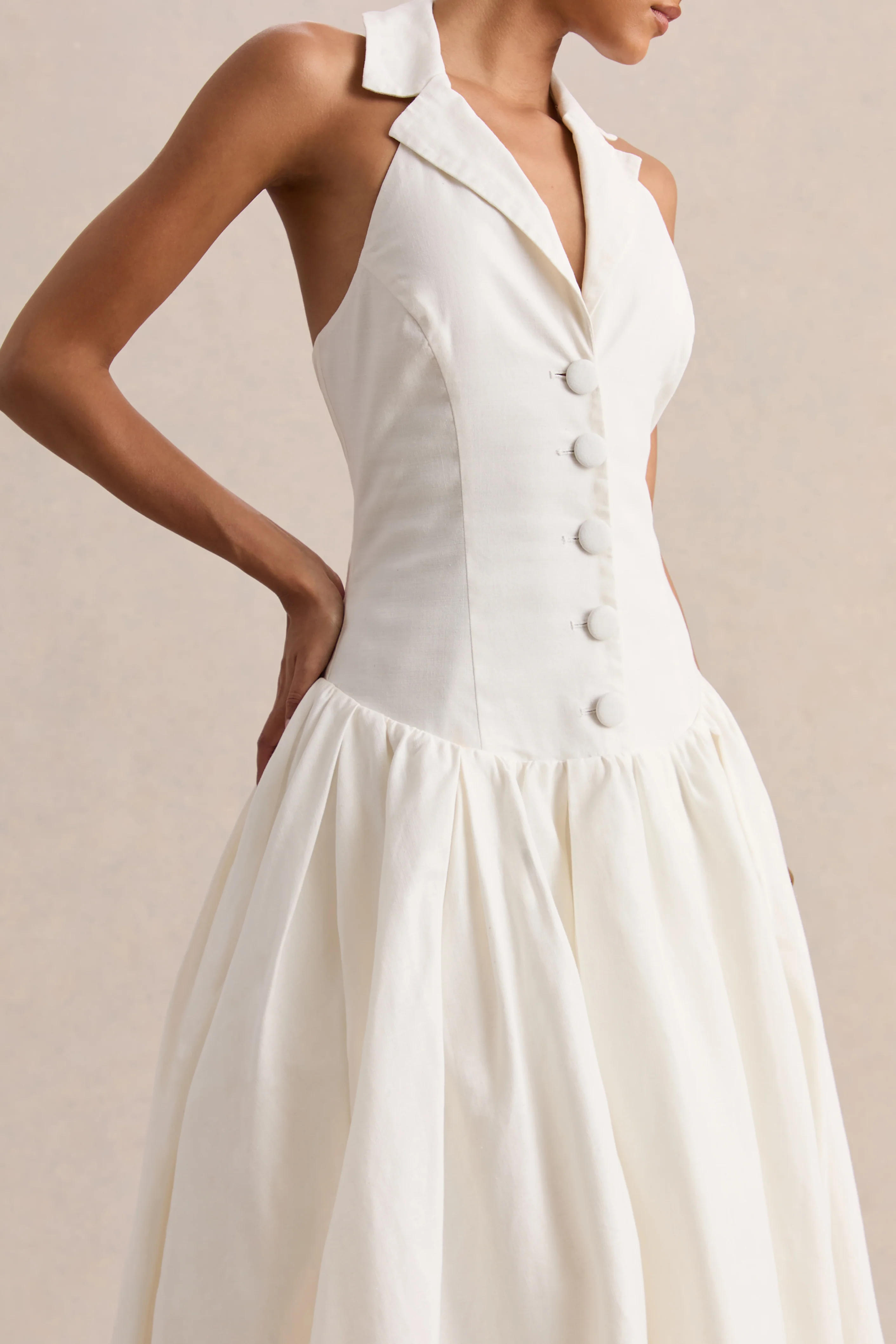 Ella | White Plunge-Neck Midi Dress With Drop-Waist - Image 3