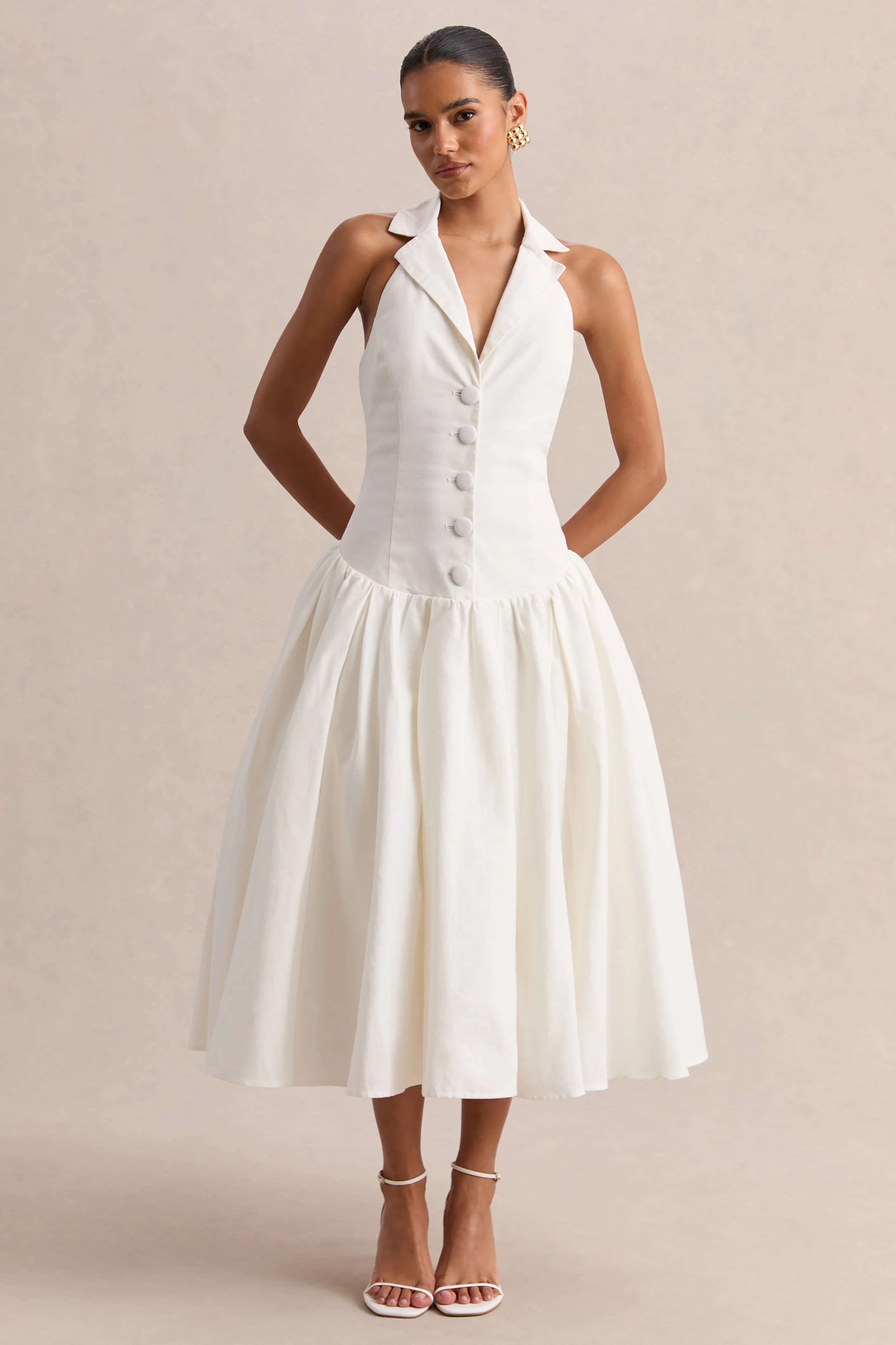 Ella | White Plunge-Neck Midi Dress With Drop-Waist - Image 4