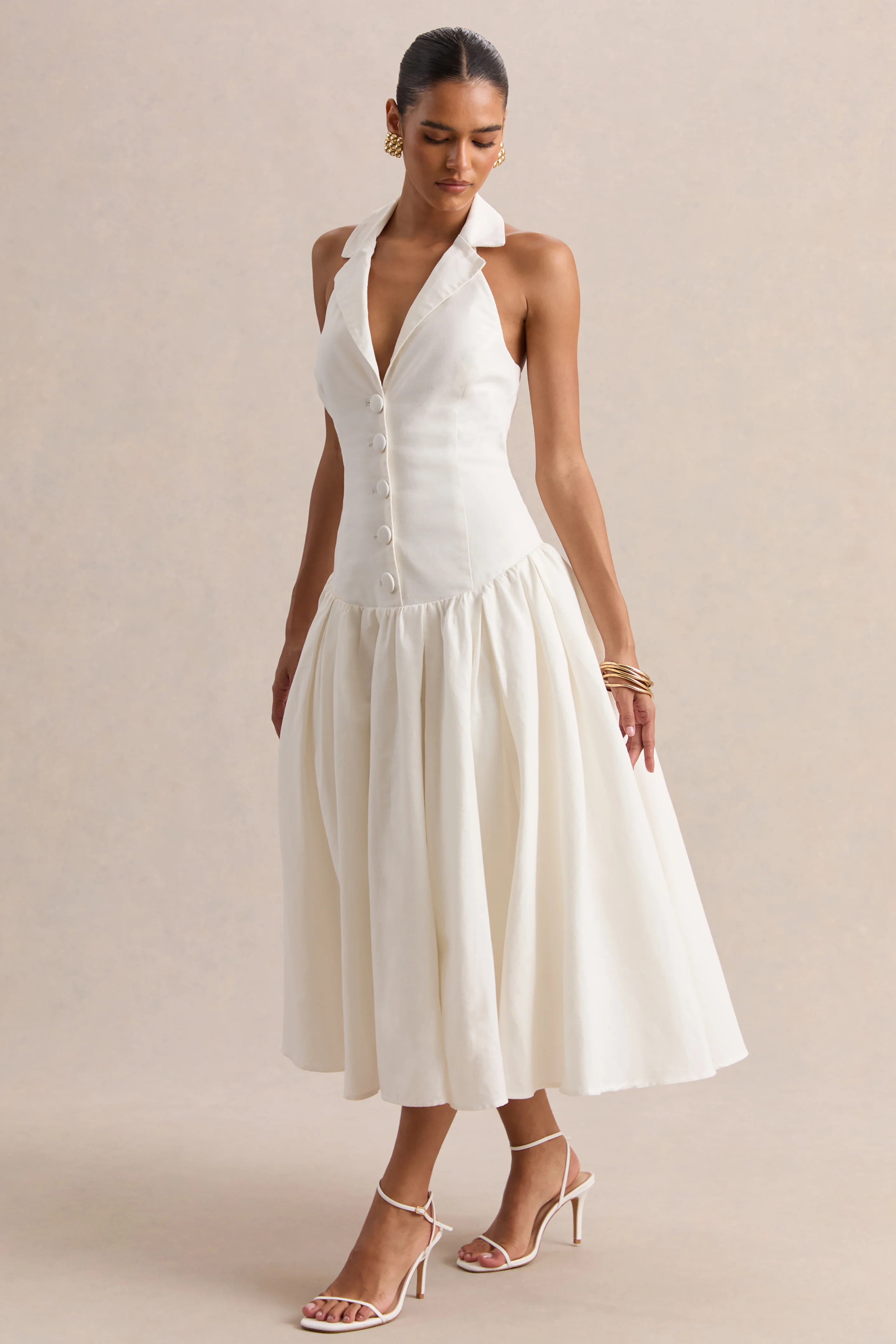 Ella | White Plunge-Neck Midi Dress With Drop-Waist - Image 5