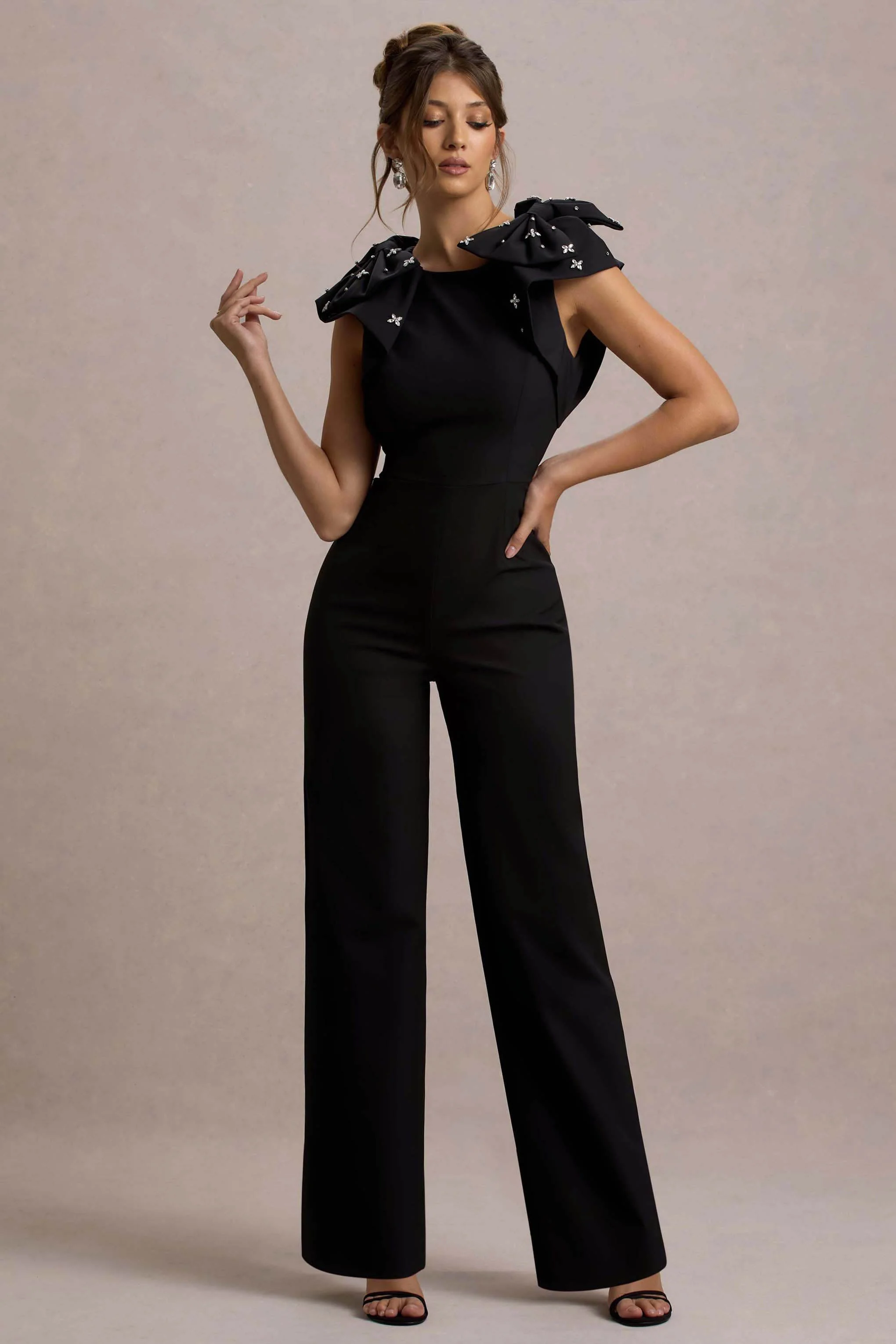 Elma | Black Straight-Leg Jumpsuit With Embellished Bows - Image 3