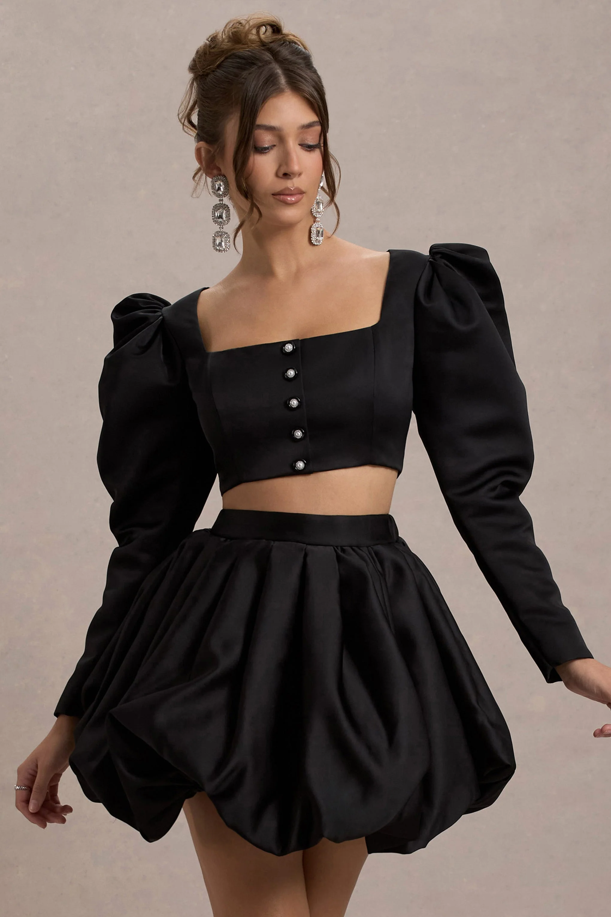 Eloisa | Black Satin Puff-Sleeve Cropped Jacket - Image 4