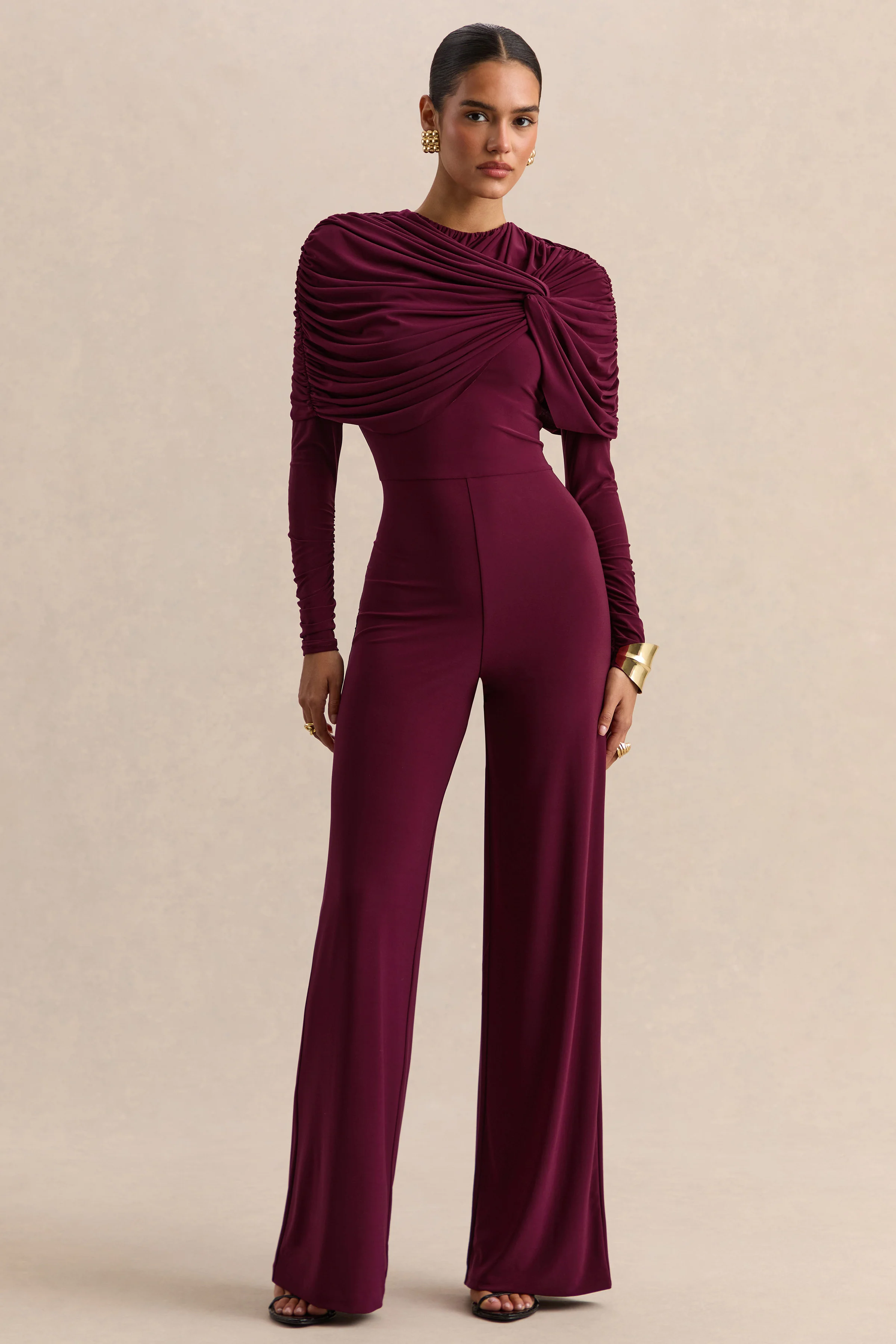 Eloura | Burgundy High-Neck Jumpsuit With Twist-Gathered Detail