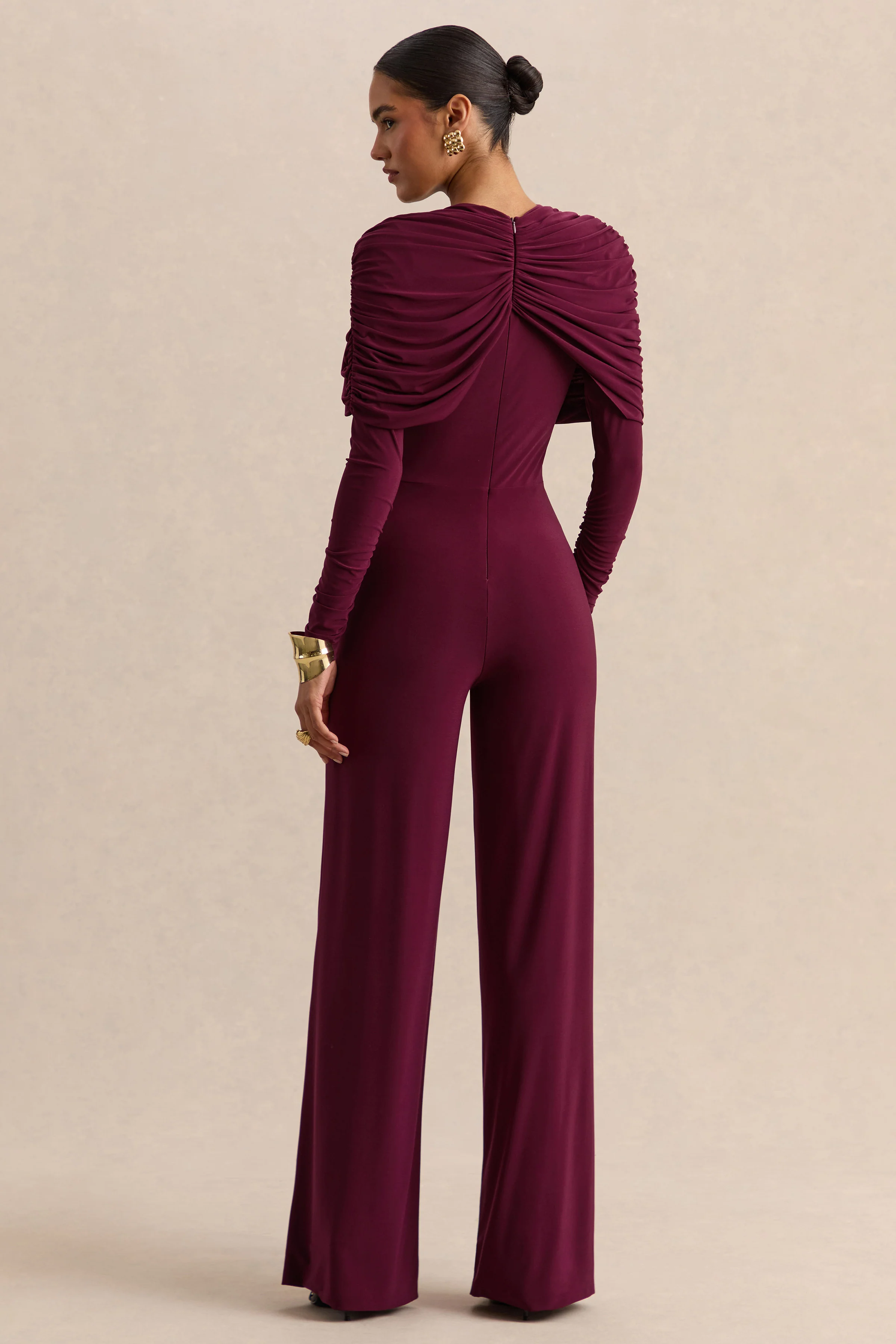 Eloura | Burgundy High-Neck Jumpsuit With Twist-Gathered Detail - Image 2