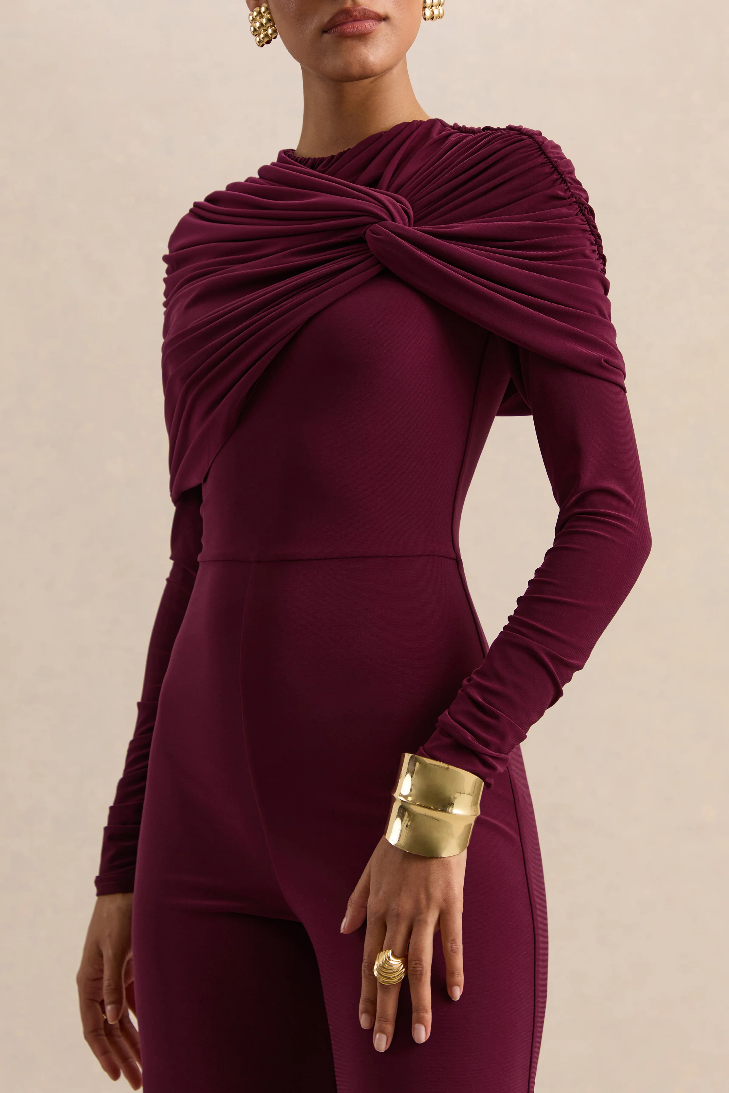 Eloura | Burgundy High-Neck Jumpsuit With Twist-Gathered Detail - Image 3