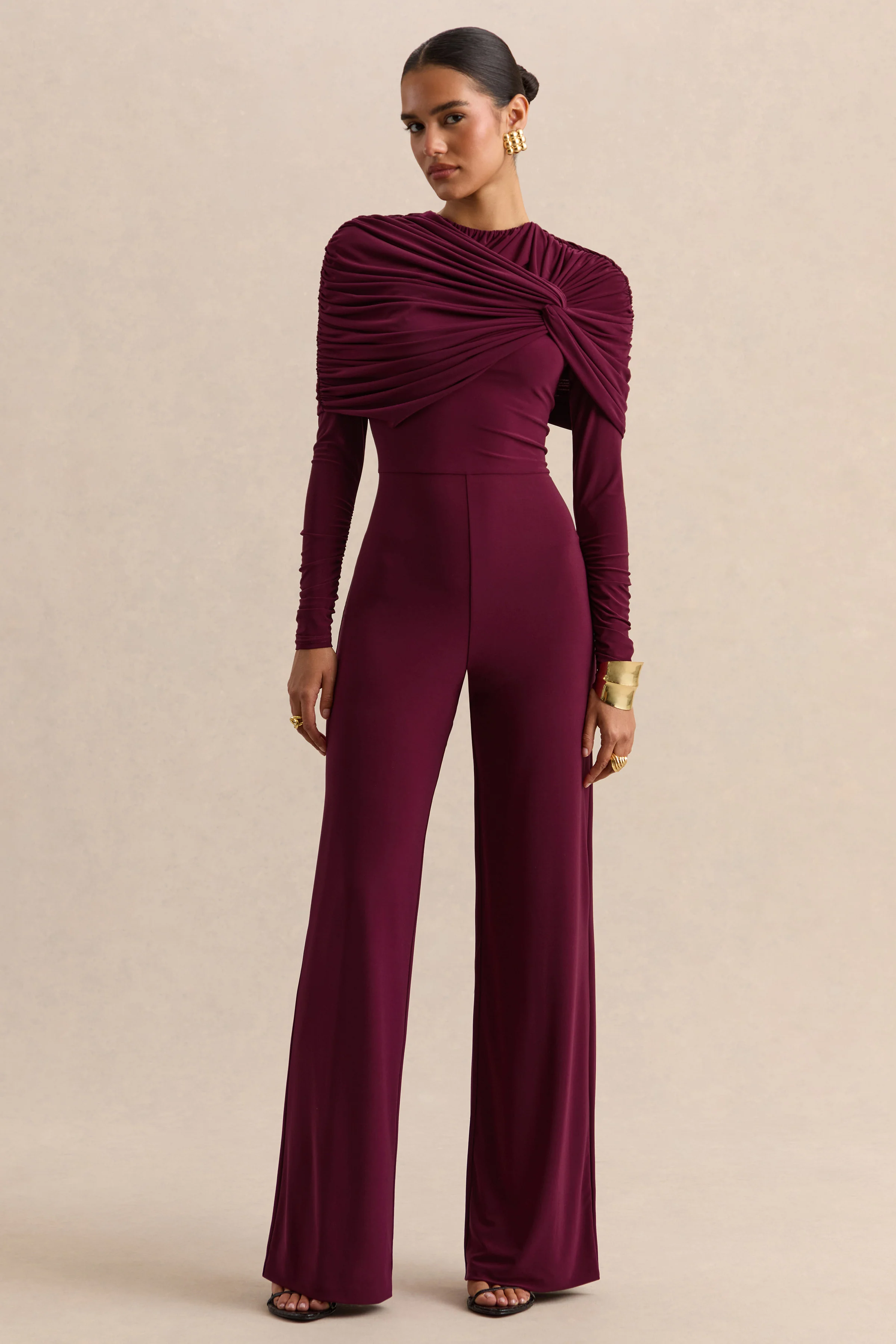 Eloura | Burgundy High-Neck Jumpsuit With Twist-Gathered Detail - Image 4