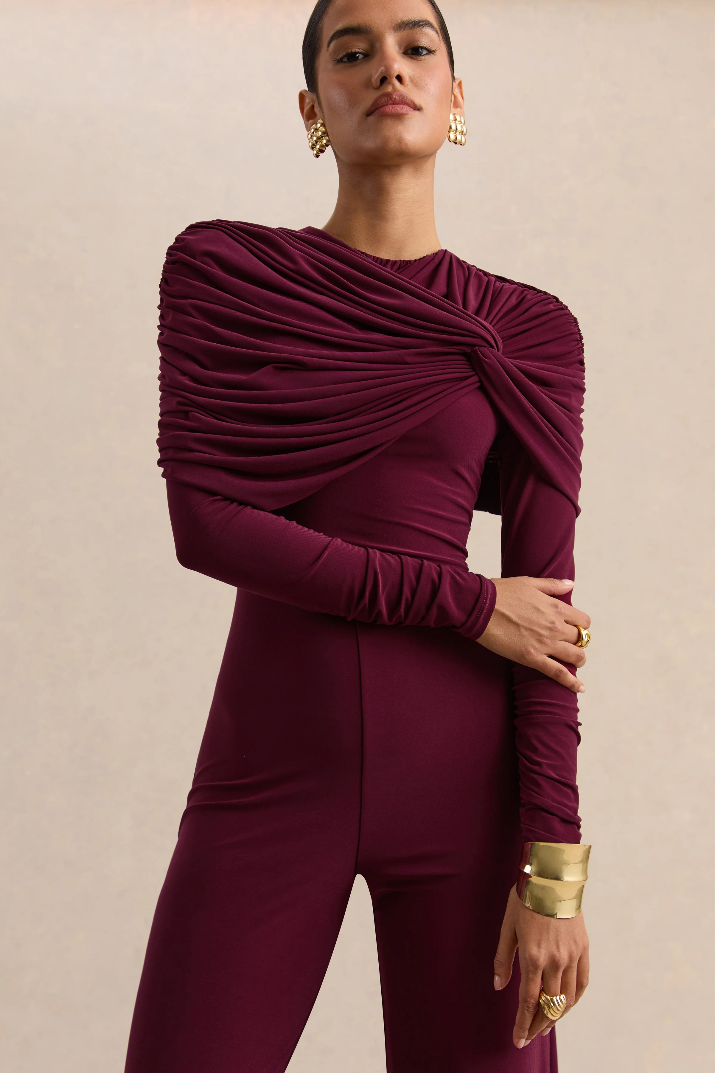 Eloura | Burgundy High-Neck Jumpsuit With Twist-Gathered Detail - Image 5