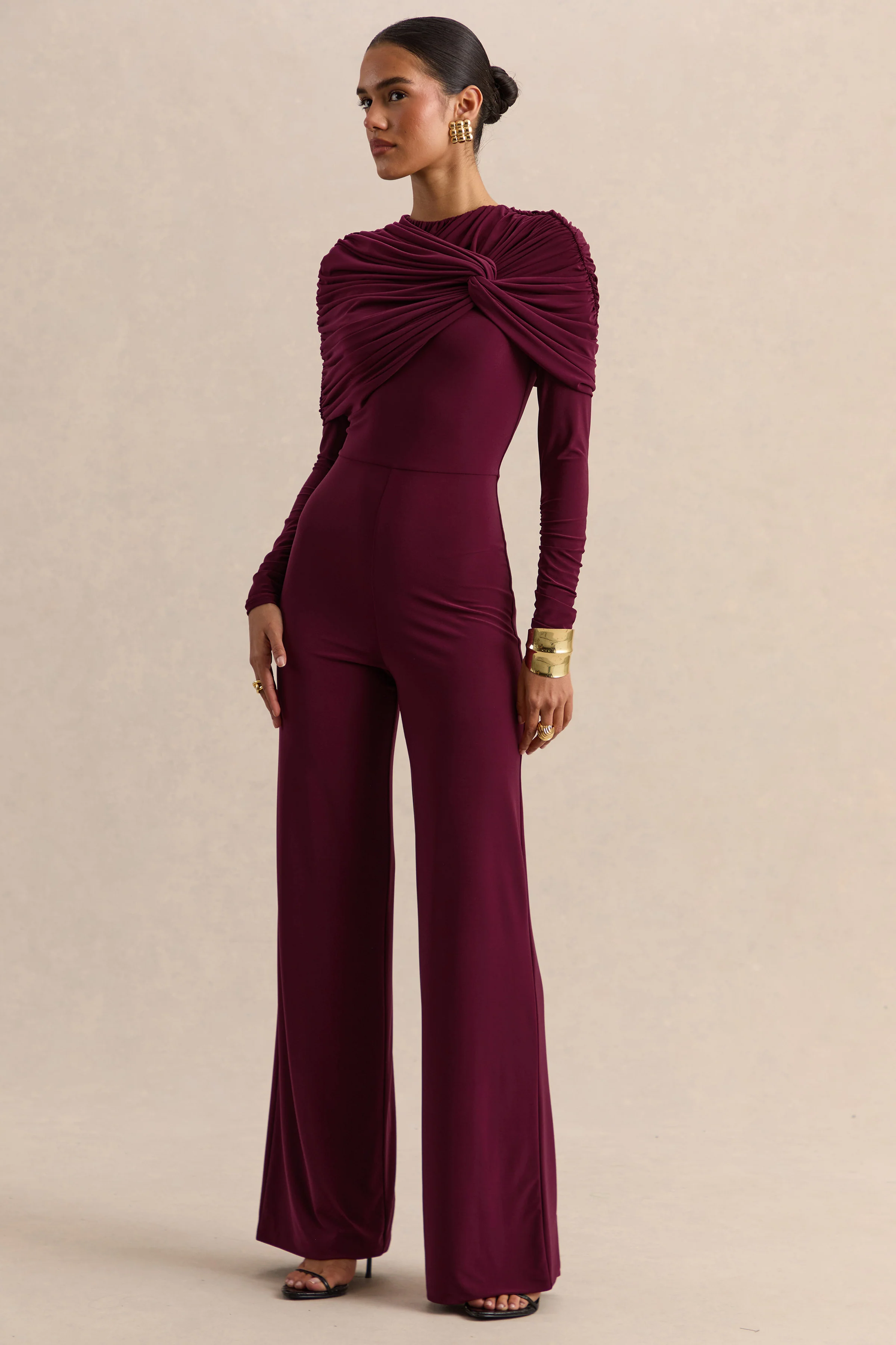 Eloura | Burgundy High-Neck Jumpsuit With Twist-Gathered Detail - Image 6
