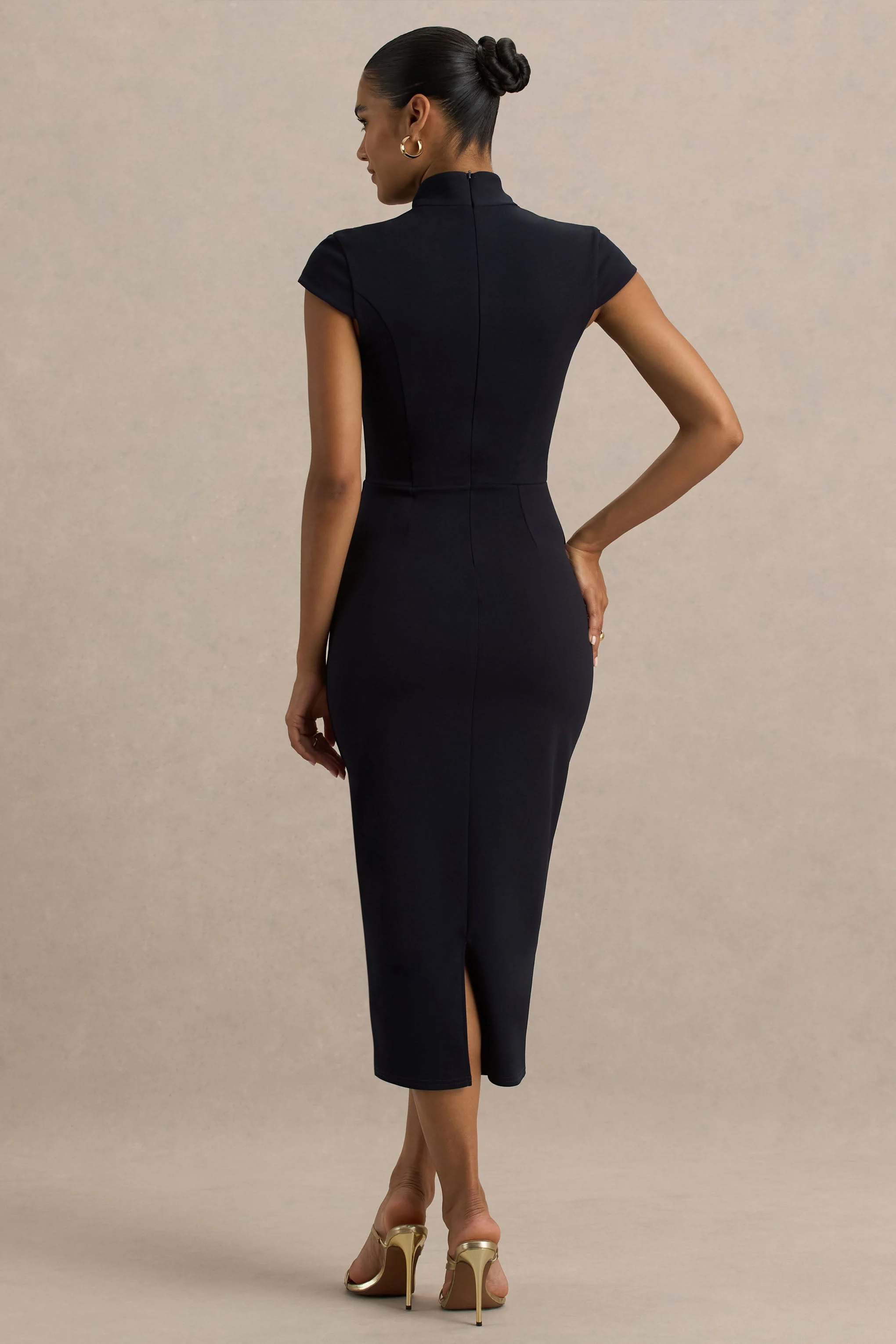 Elsie | Navy Cut-Out Neck Midi Dress With Short Sleeves - Image 2